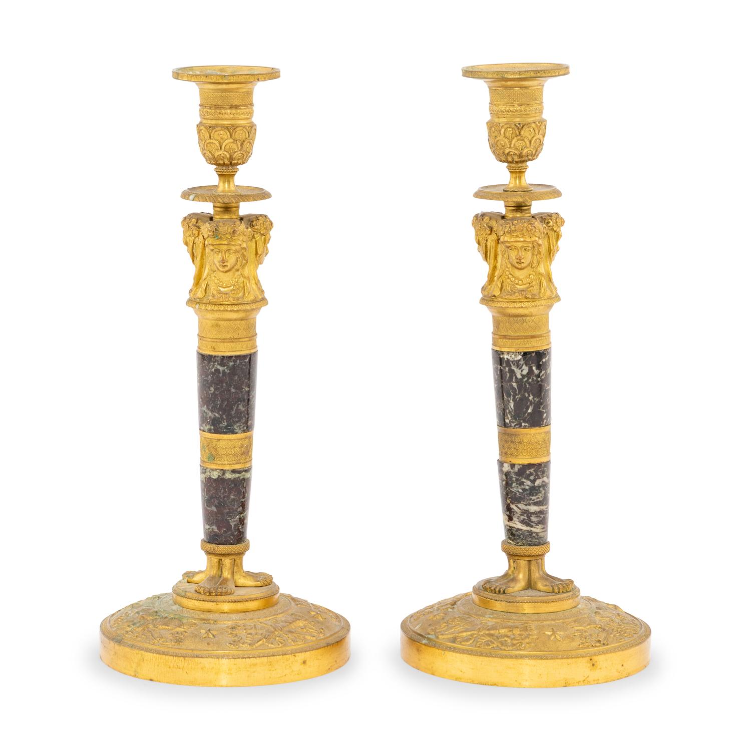 A Pair of Empire Style Gilt-Bronze and Marble Candlesticks