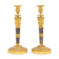 A Pair of Empire Style Gilt-Bronze and Marble Candlesticks
