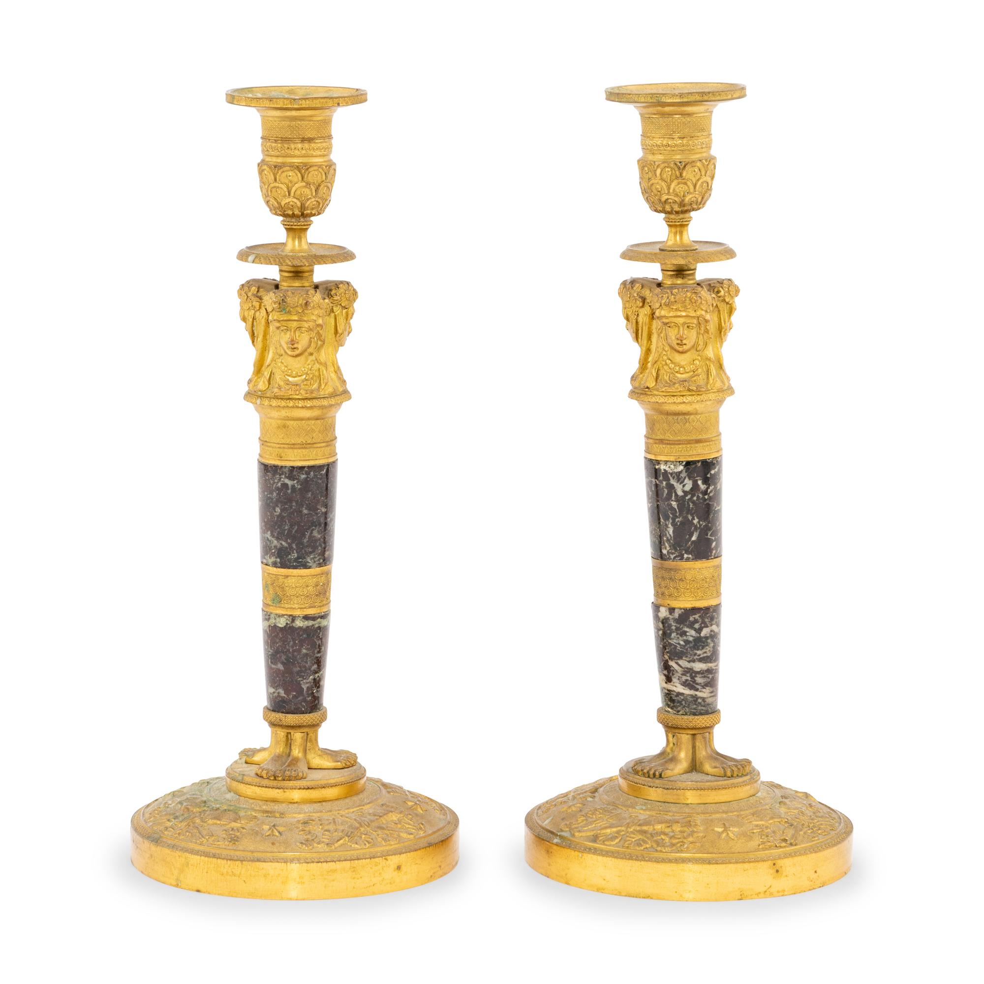 A Pair of Empire Style Gilt-Bronze and Marble Candlesticks