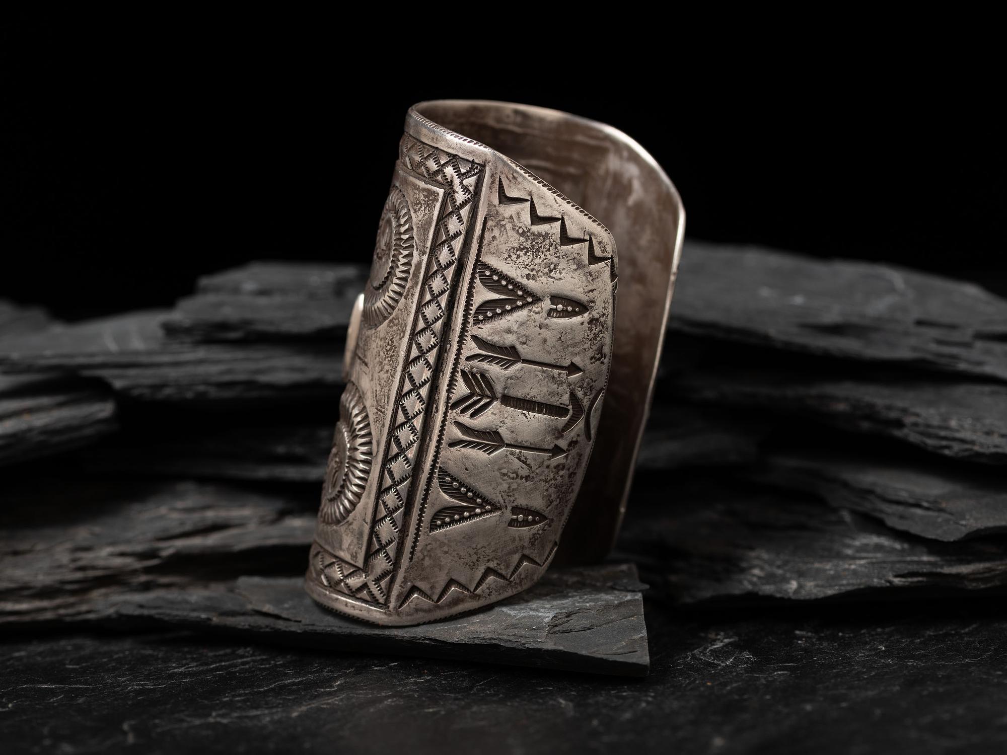 Wide Heavily Stamped Navajo Cuff Bracelet, with Turquoise