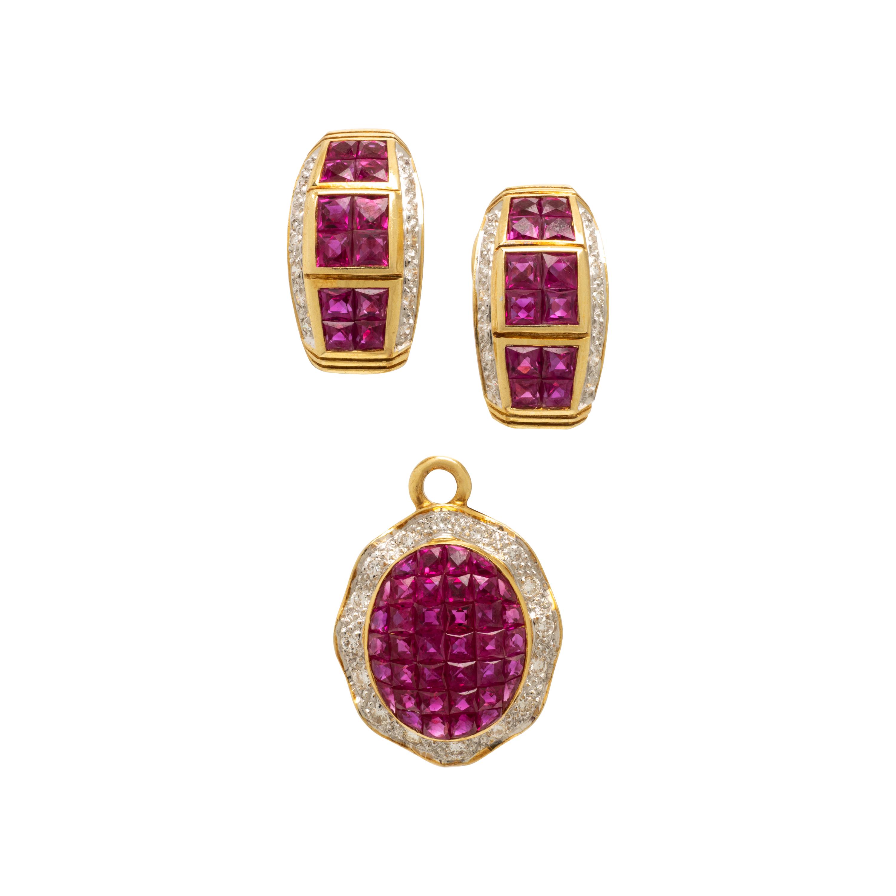 Ruby, Diamond, and Yellow Gold Earrings and Pendant