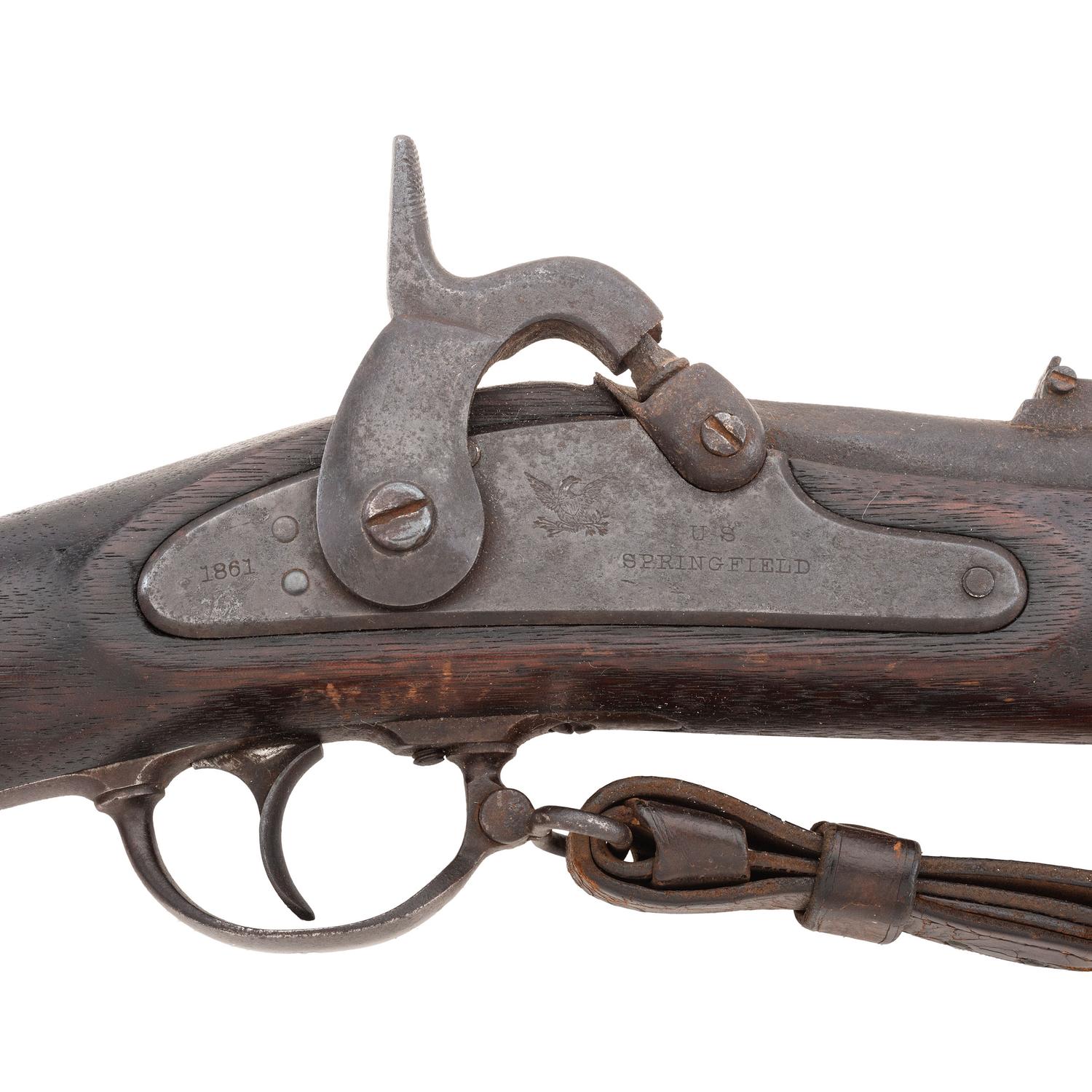 Model 1861 US Springfield rifle musket dated 1861 with bayonet and frog.