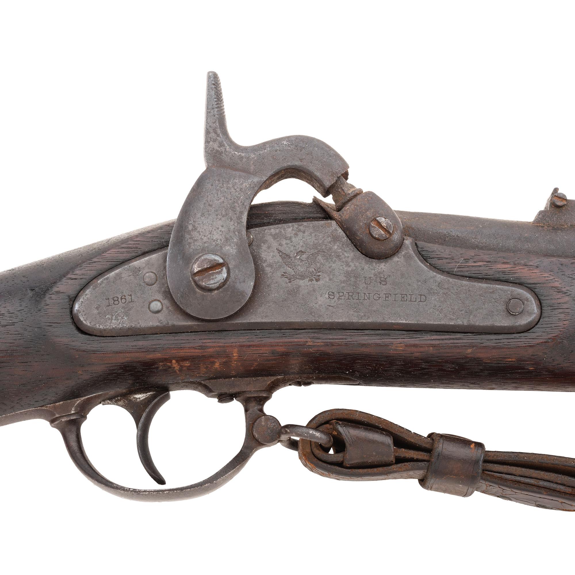 Model 1861 US Springfield rifle musket dated 1861 with bayonet and frog.