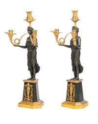 A Pair of Empire Gilt and Patinated Bronze Three-Light Candelabra