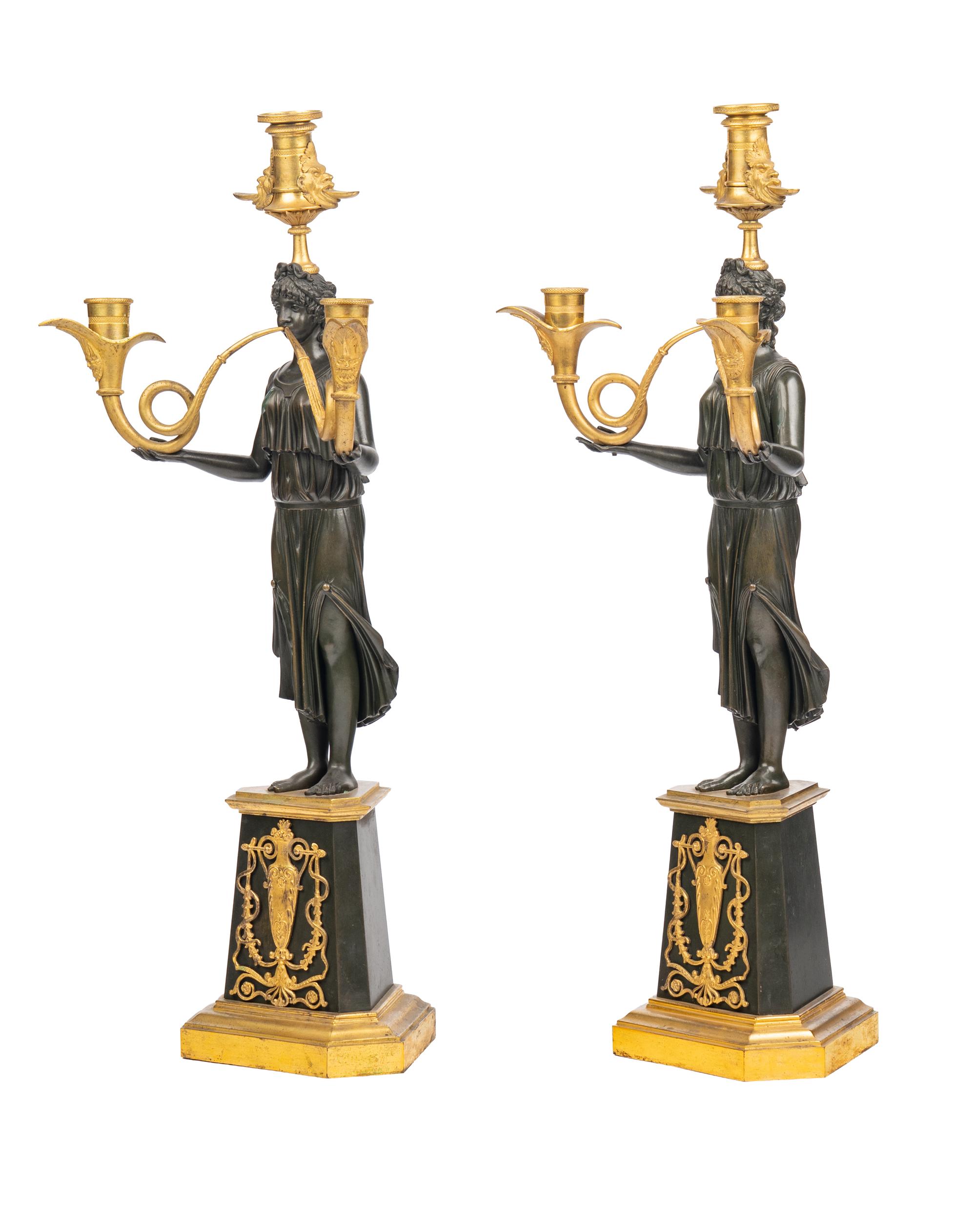A Pair of Empire Gilt and Patinated Bronze Three-Light Candelabra