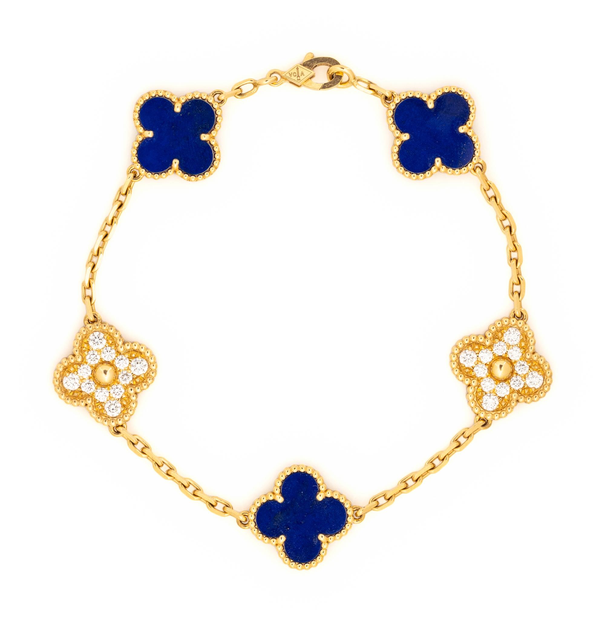 VAN CLEEF AND ARPELS, YELLOW GOLD, LAPIS LAZULI AND DIAMOND 'VINTAGE ALHAMBRA' BRACELET