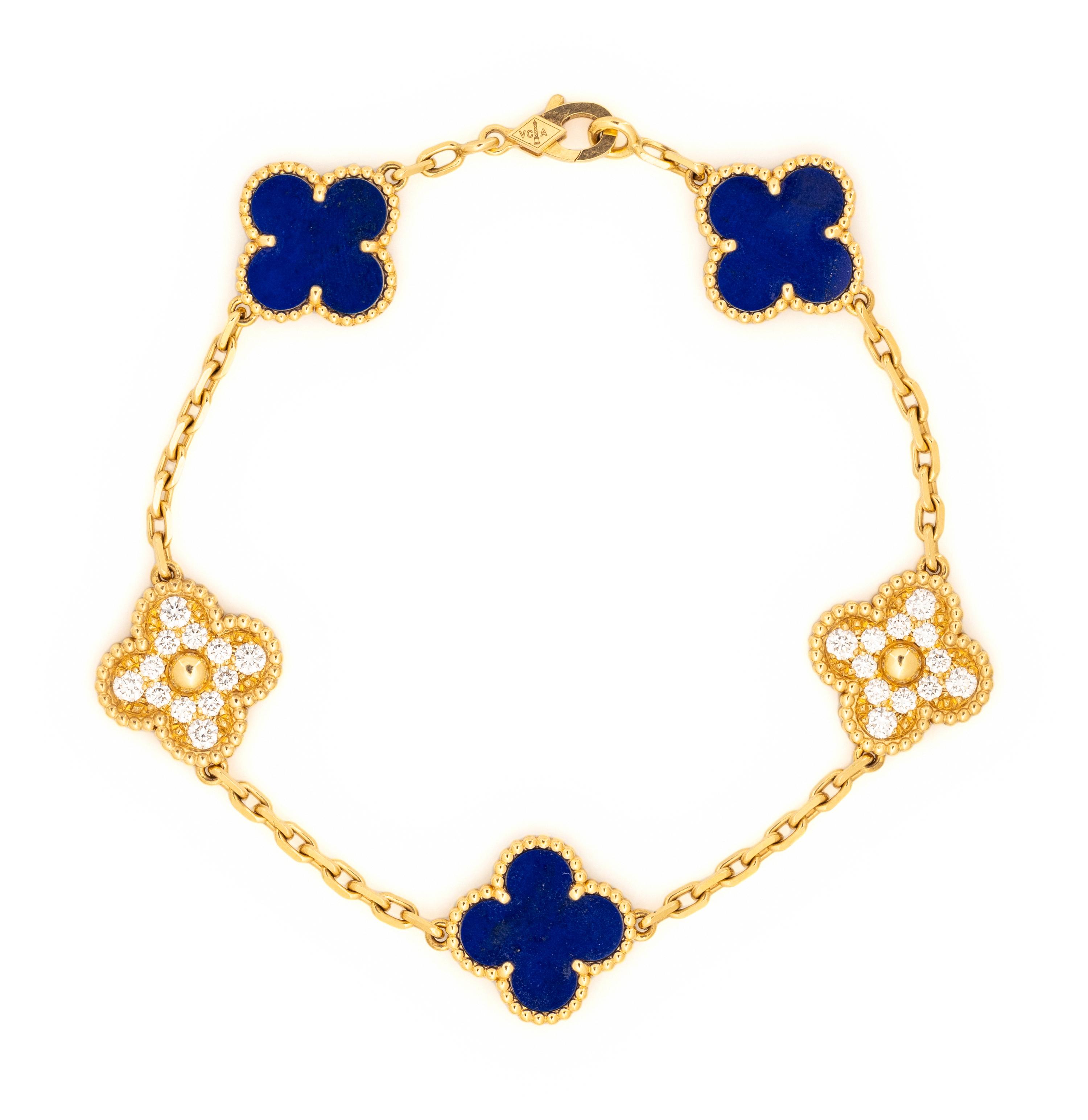 VAN CLEEF AND ARPELS, YELLOW GOLD, LAPIS LAZULI AND DIAMOND 'VINTAGE ALHAMBRA' BRACELET
