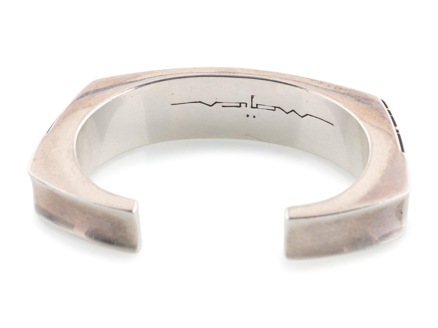 Agular Silver Cuff Bracelet, Set with Jet and Accented with 18K Gold Spacers