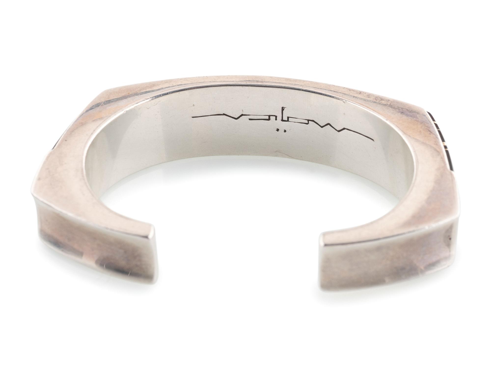 Agular Silver Cuff Bracelet, Set with Jet and Accented with 18K Gold Spacers