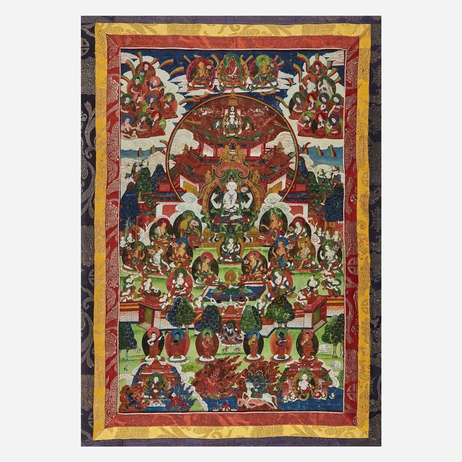 A Tibeto-Chinese thangka depicting Chaturbhuja Lokeshvara