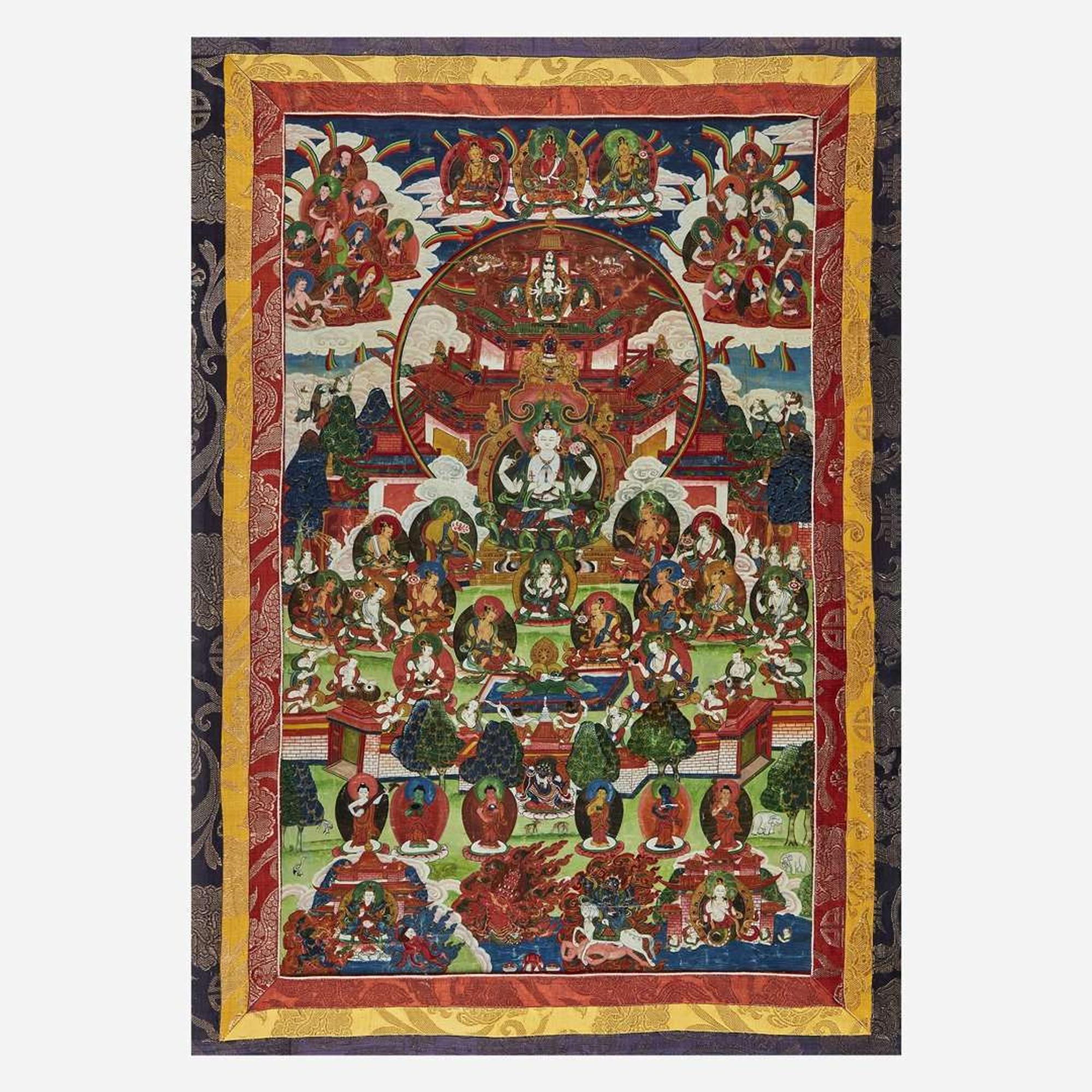 A Tibeto-Chinese thangka depicting Chaturbhuja Lokeshvara