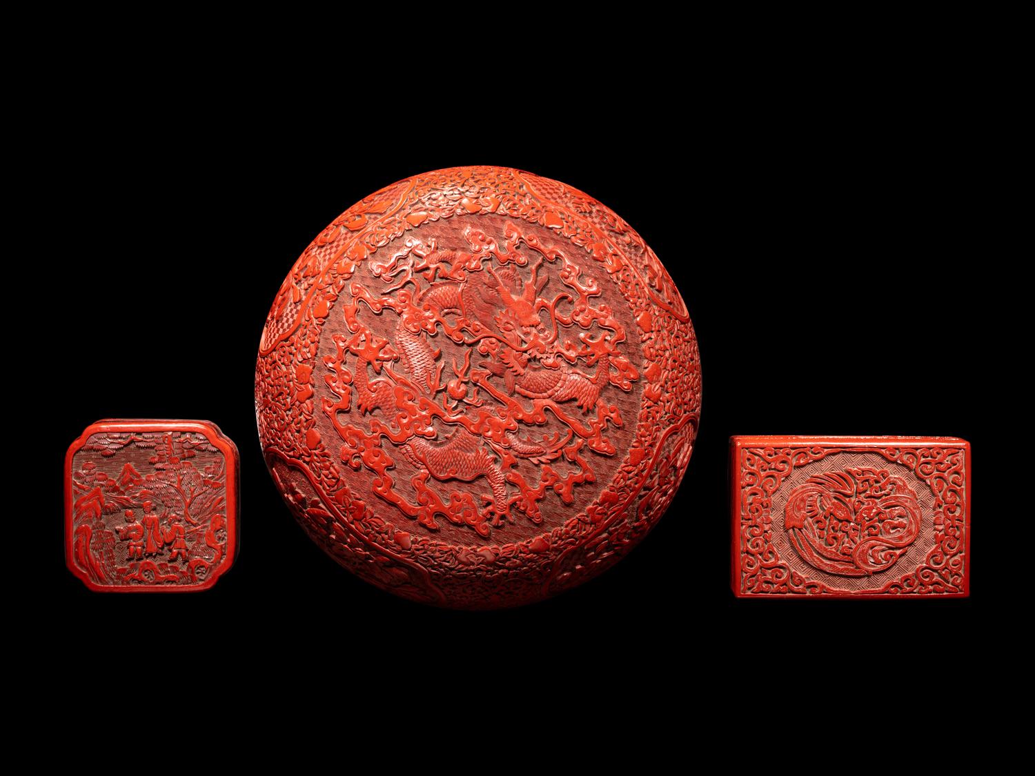 Three Chinese Cinnabar Lacquer Covered Boxes