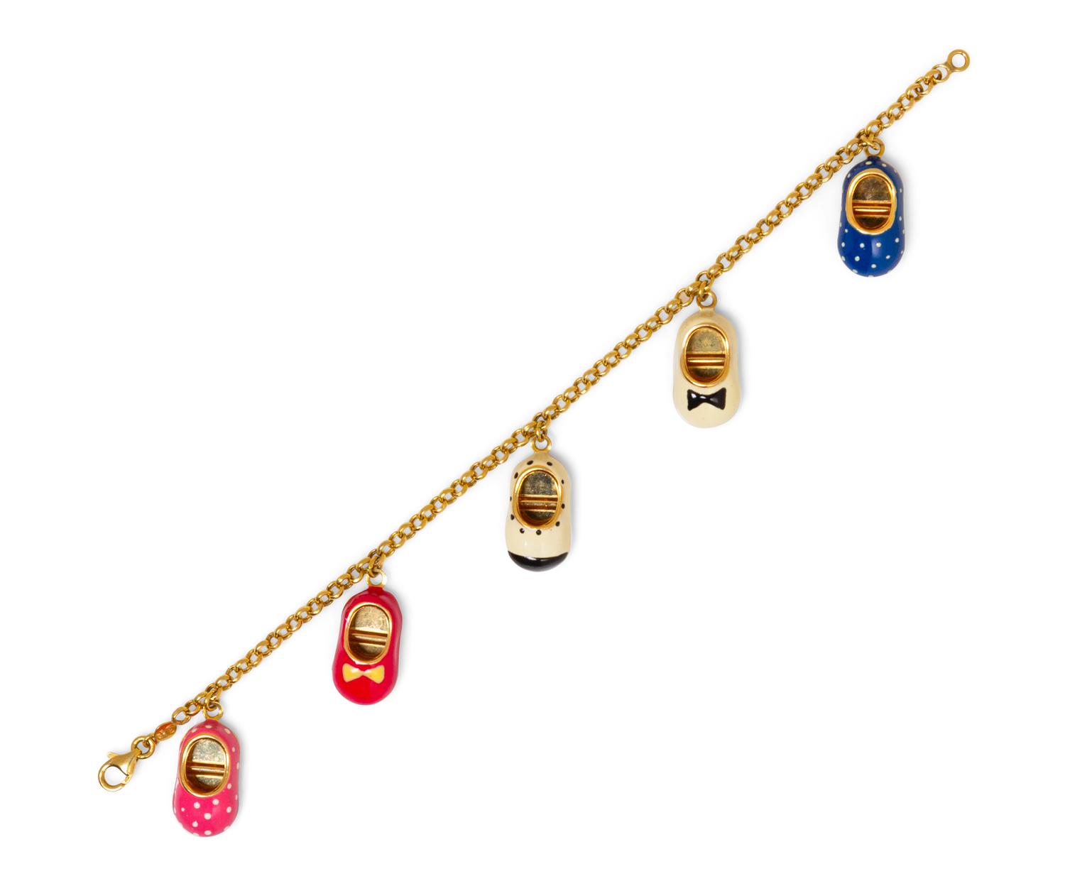A 14 Karat Yellow Gold and Enamel Shoe Motif Charm Bracelet, Italian,