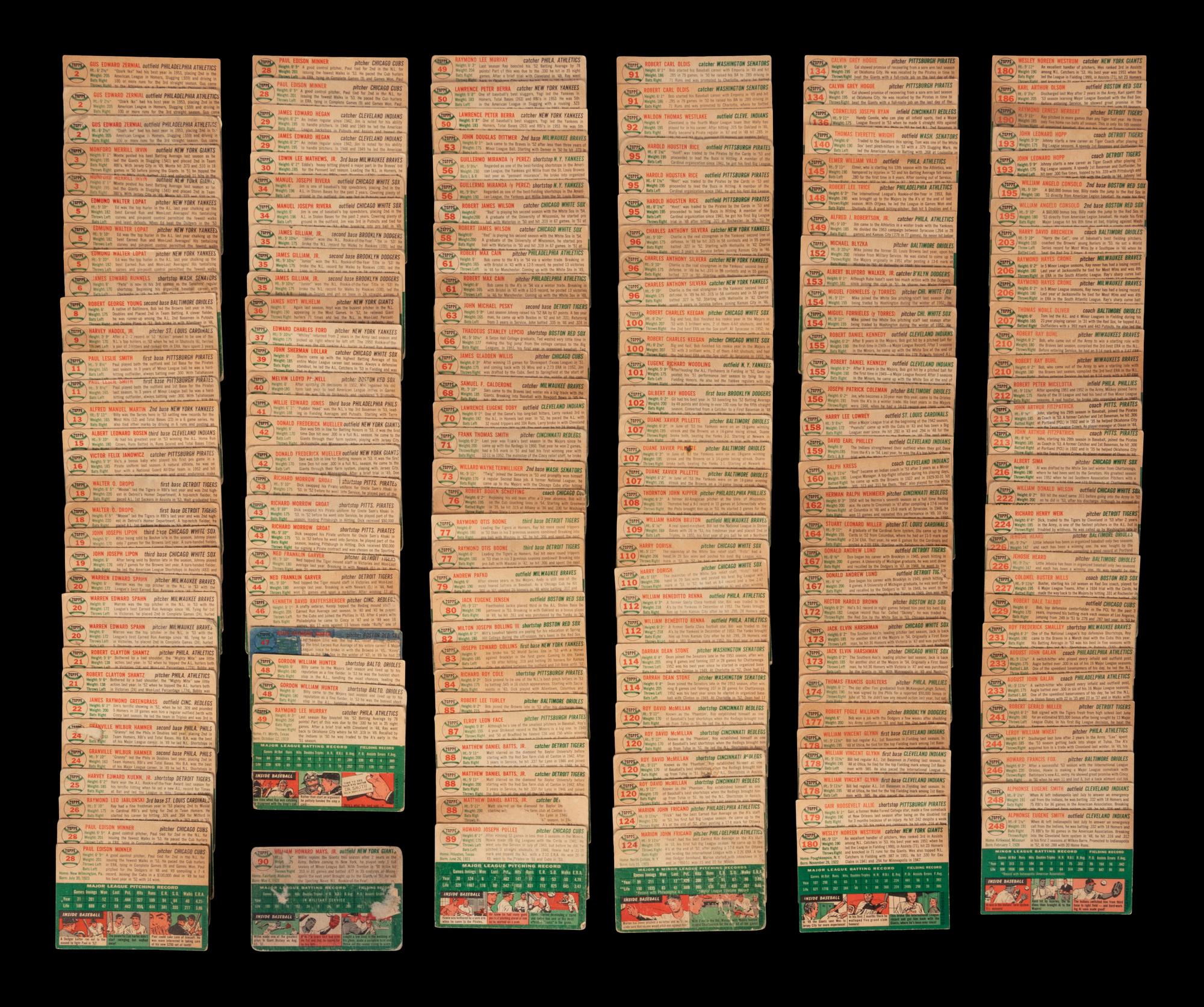 A Group of 184 Assorted 1954 Topps Baseball Cards Including Willie Mays and Multiple Hall of Famers