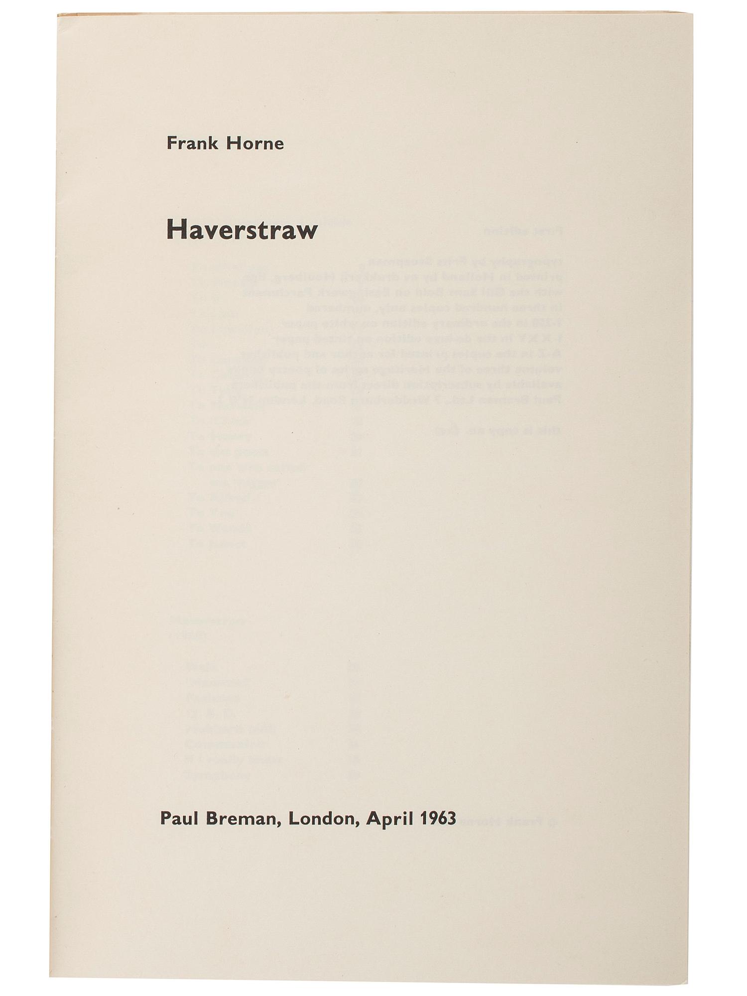 HORNE, Frank (1899-1974). Haverstraw. London: Paul Breman, 1963.