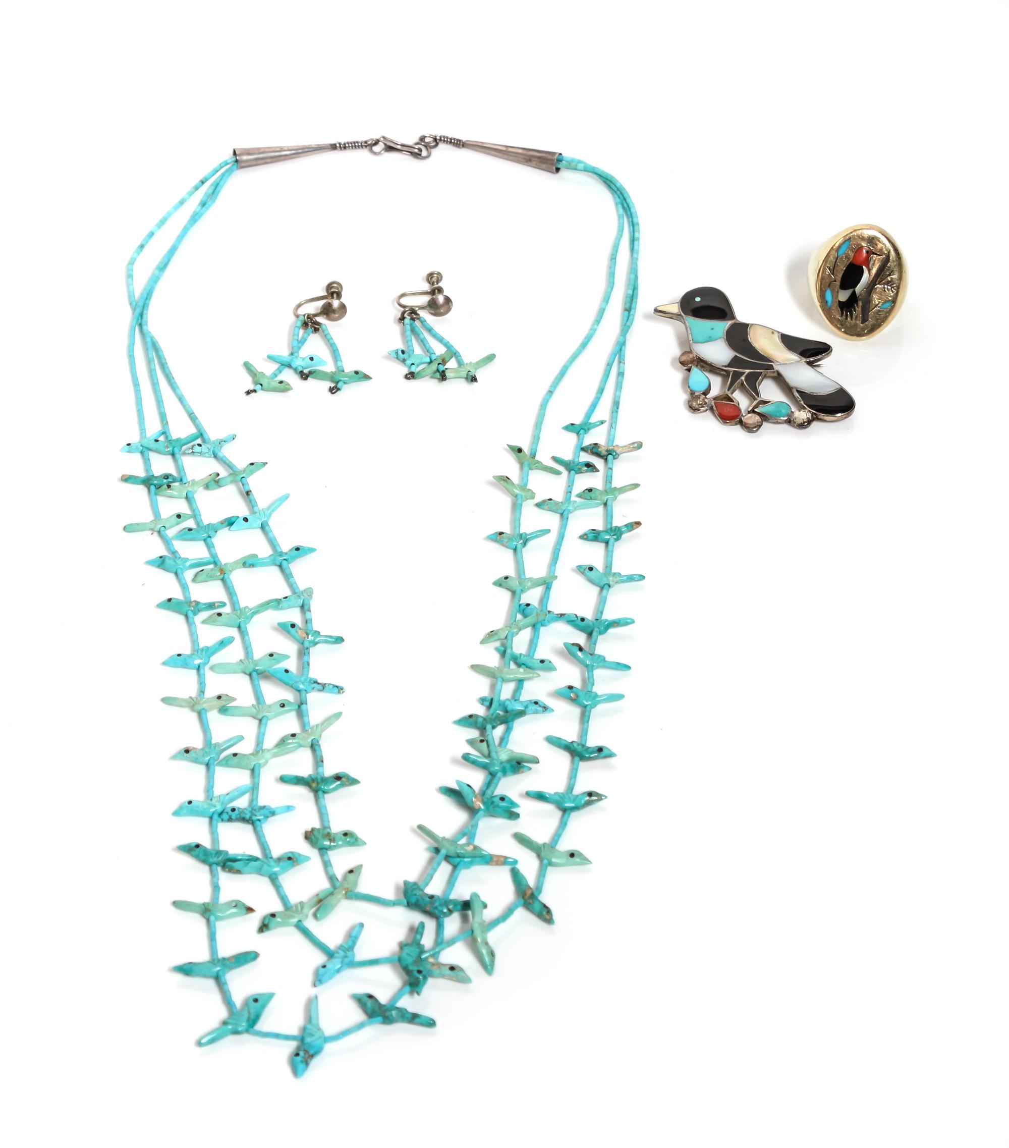 Zuni Three Strand Turquoise Bird Fetish Necklace Length 27 inches
