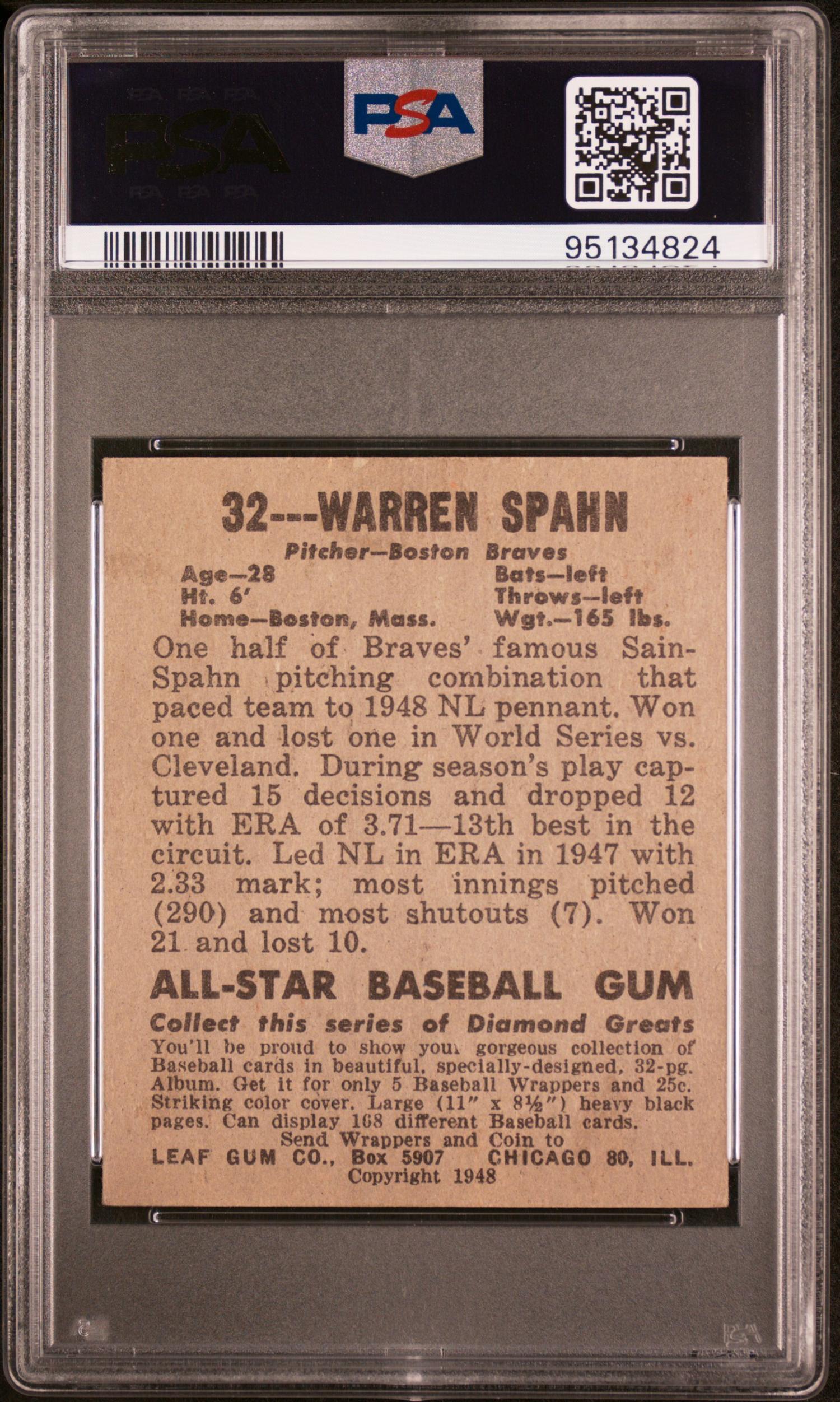 A 1948 Leaf Warren Spahn Rookie Baseball Card (PSA 4.5 VG-EX+)
