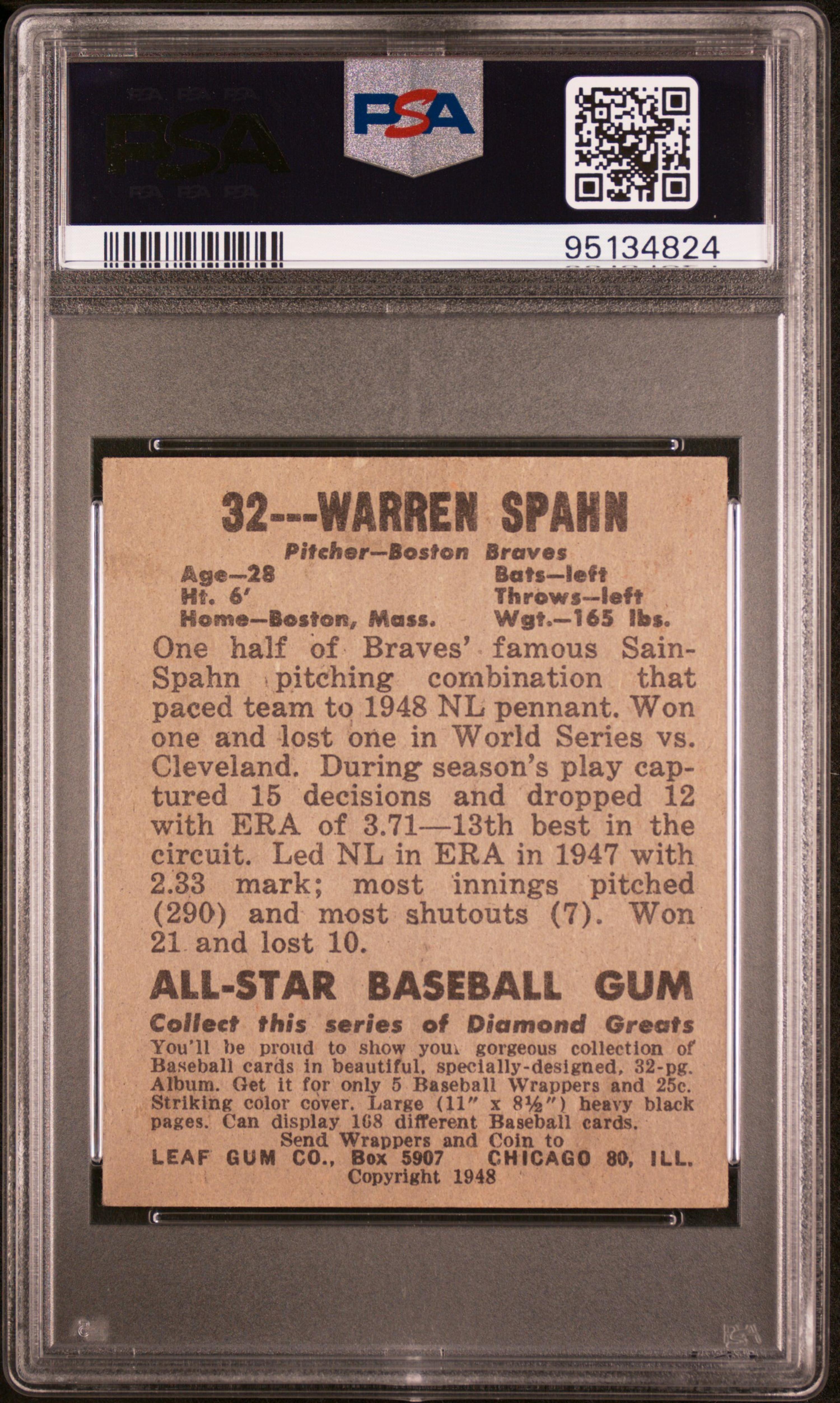 A 1948 Leaf Warren Spahn Rookie Baseball Card (PSA 4.5 VG-EX+)