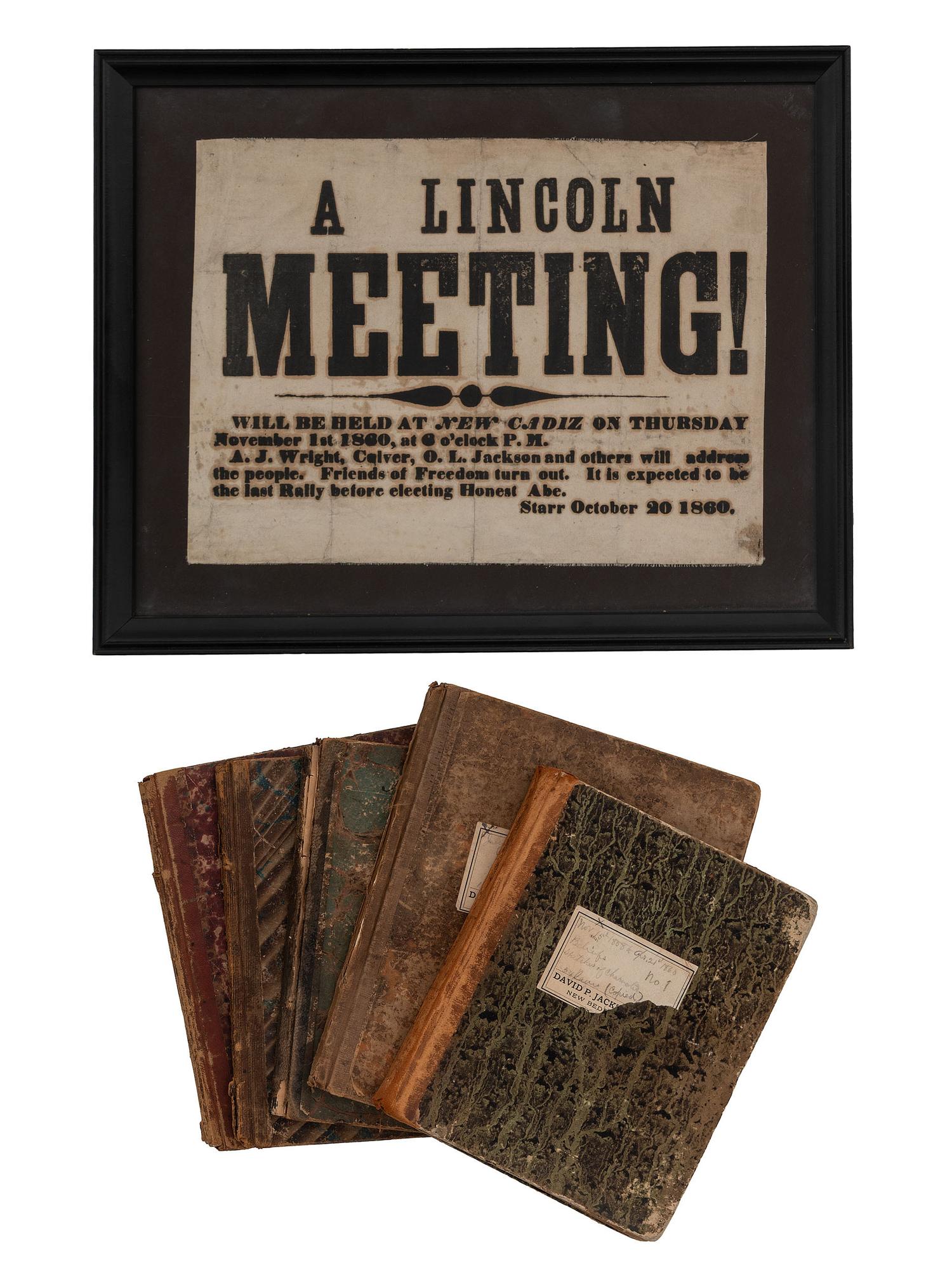 JACKSON, Col. Oscar L. (1840-1920). Five journals, incl. descriptions of Oscar L. Jackson's political activism during the 1860 campaign and his service with 63rd OVI, with campaign broadside noting Jackson as a speaker.