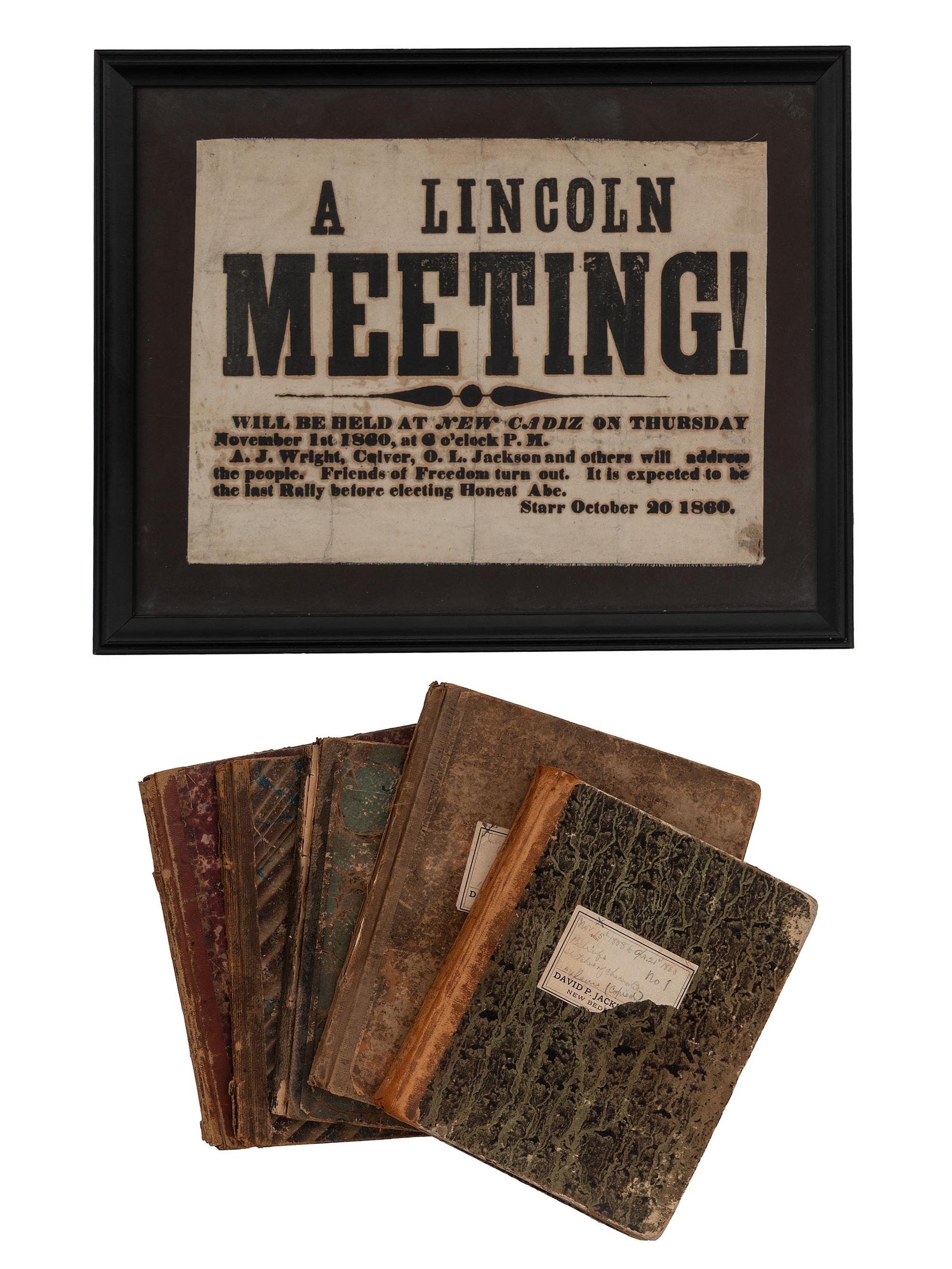 JACKSON, Col. Oscar L. (1840-1920). Five journals, incl. descriptions of Oscar L. Jackson's political activism during the 1860 campaign and his service with 63rd OVI, with campaign broadside noting Jackson as a speaker.