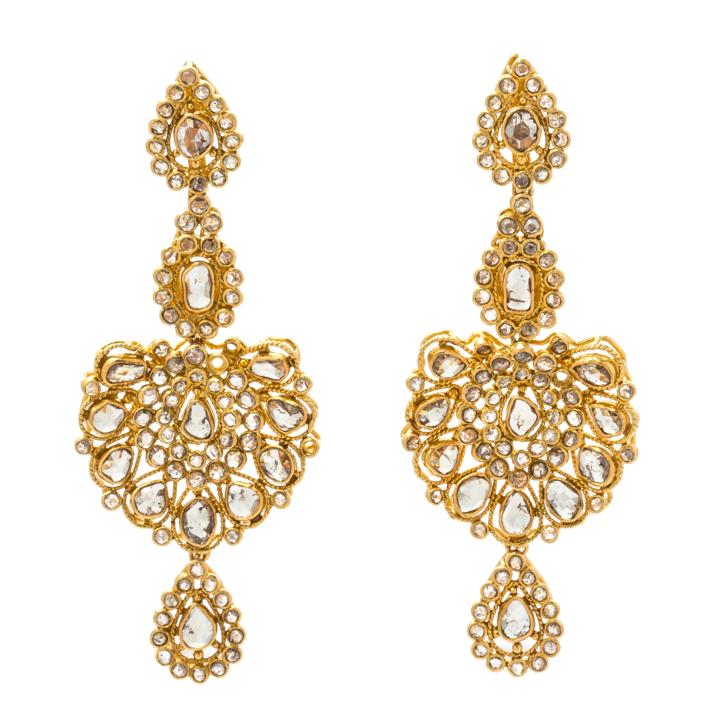 A Pair of 22 Karat Yellow Gold and Diamond Pendant Earrings, 11.50 dwts.