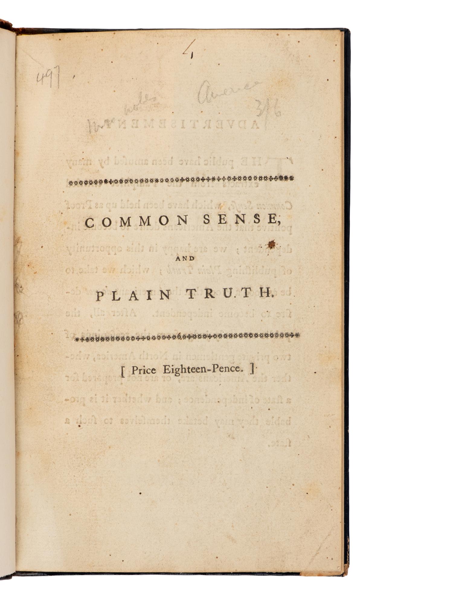[Americana] (Paine, Thomas). Common Sense; Addressed to the Inhabitants of America...