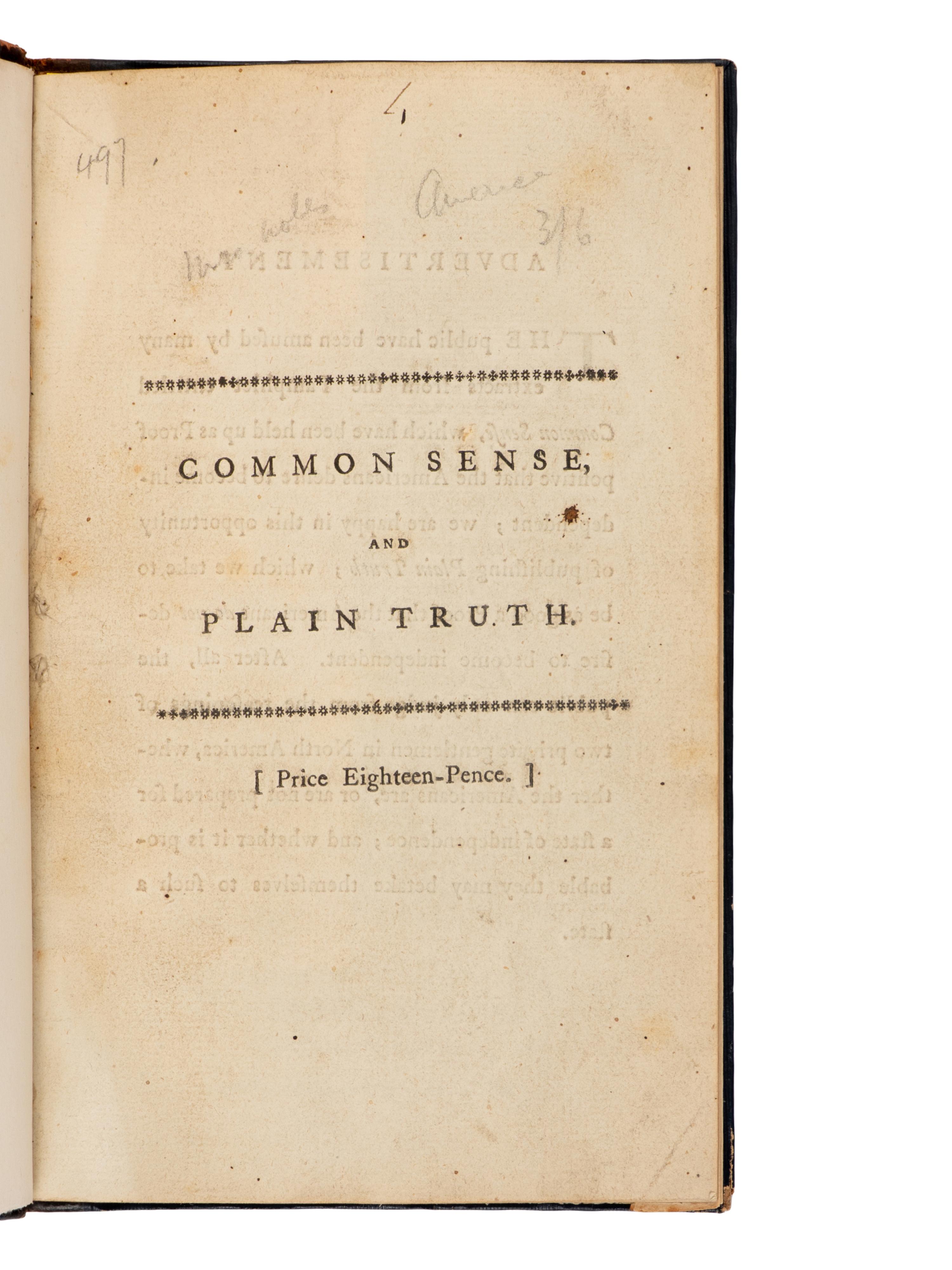 [Americana] (Paine, Thomas). Common Sense; Addressed to the Inhabitants of America...