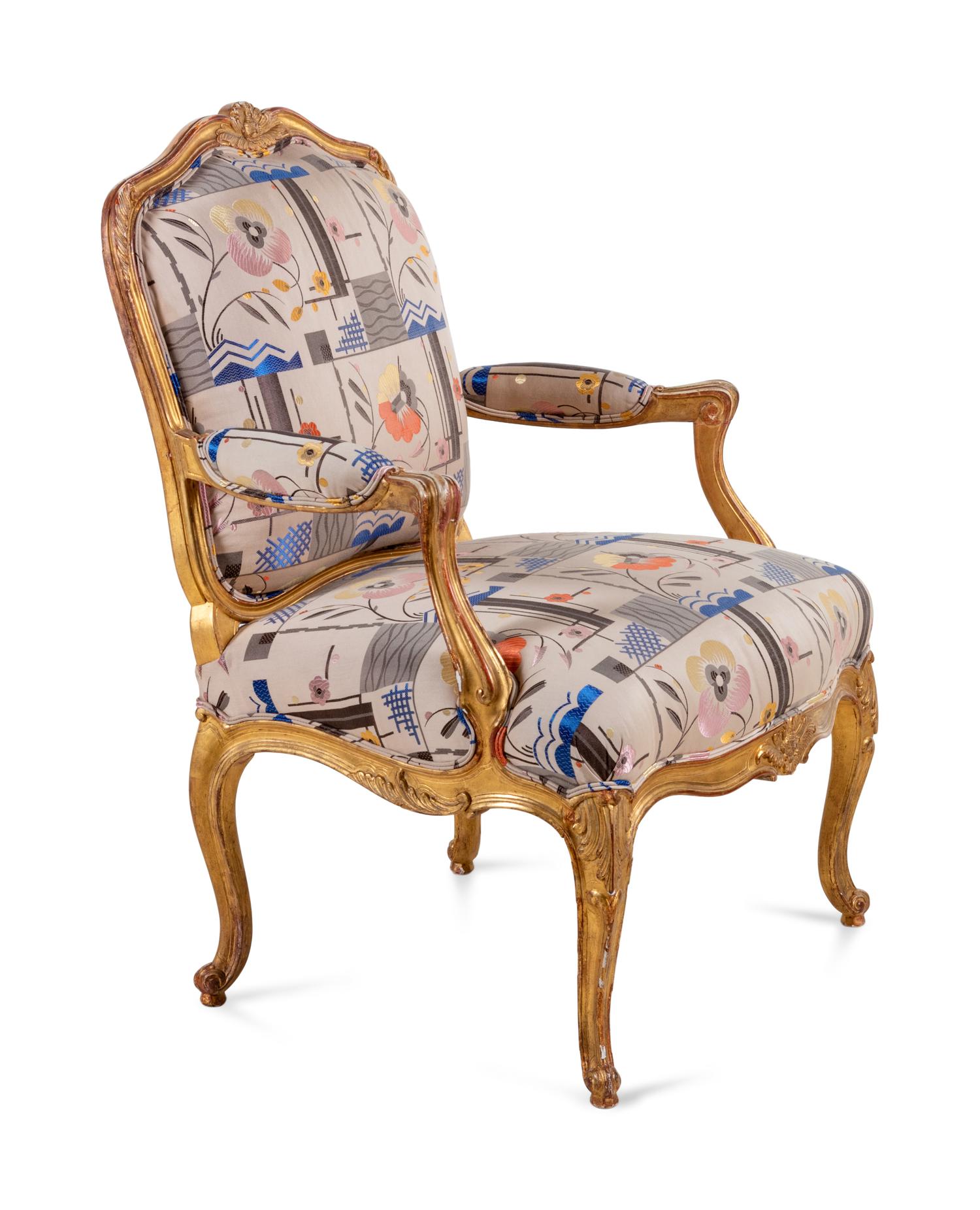 A Louis XV Style Carved Giltwood Fauteuil