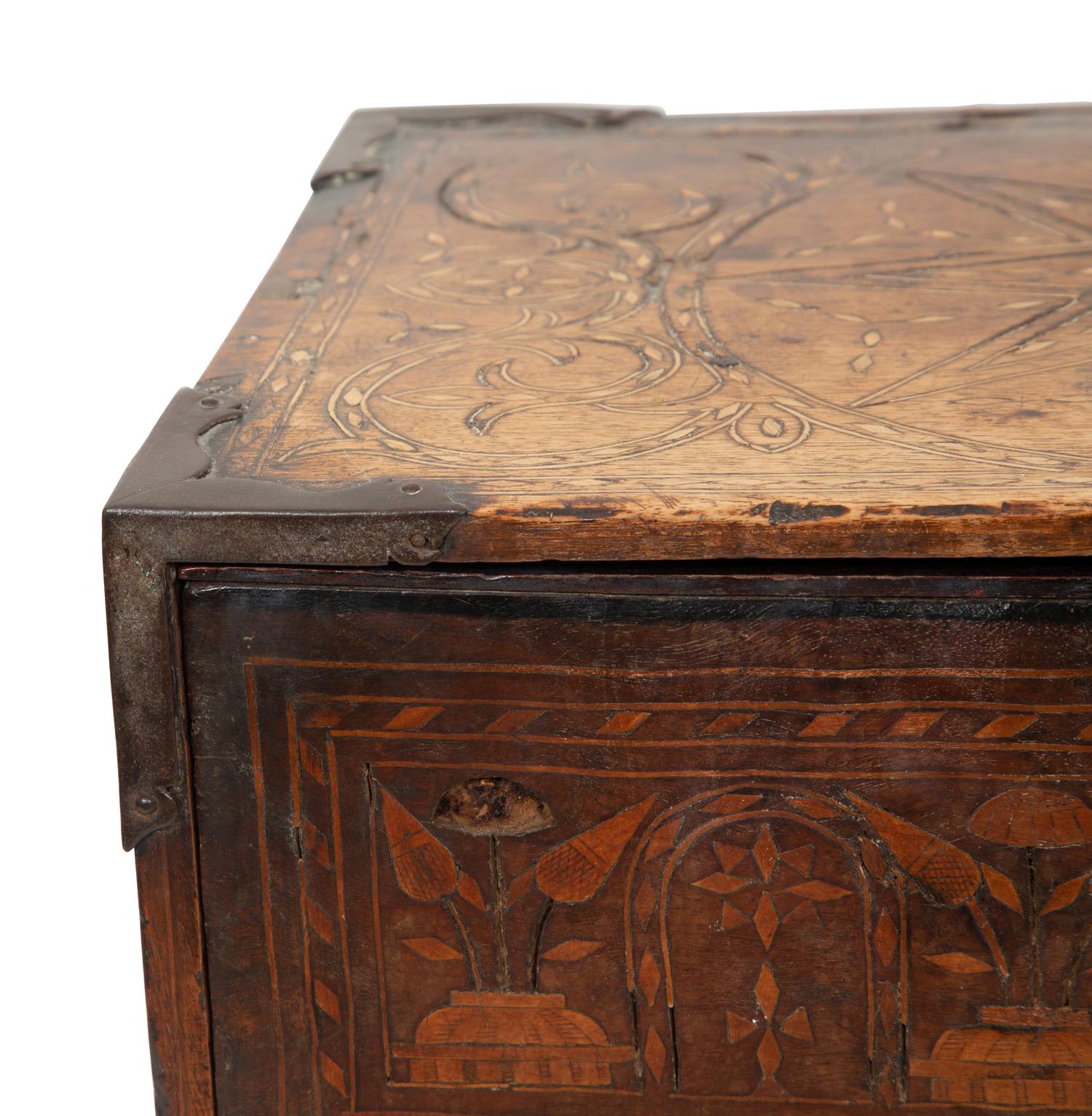 A Spanish Iron Mounted Walnut Marquetry Vargueno/Traveling Desk