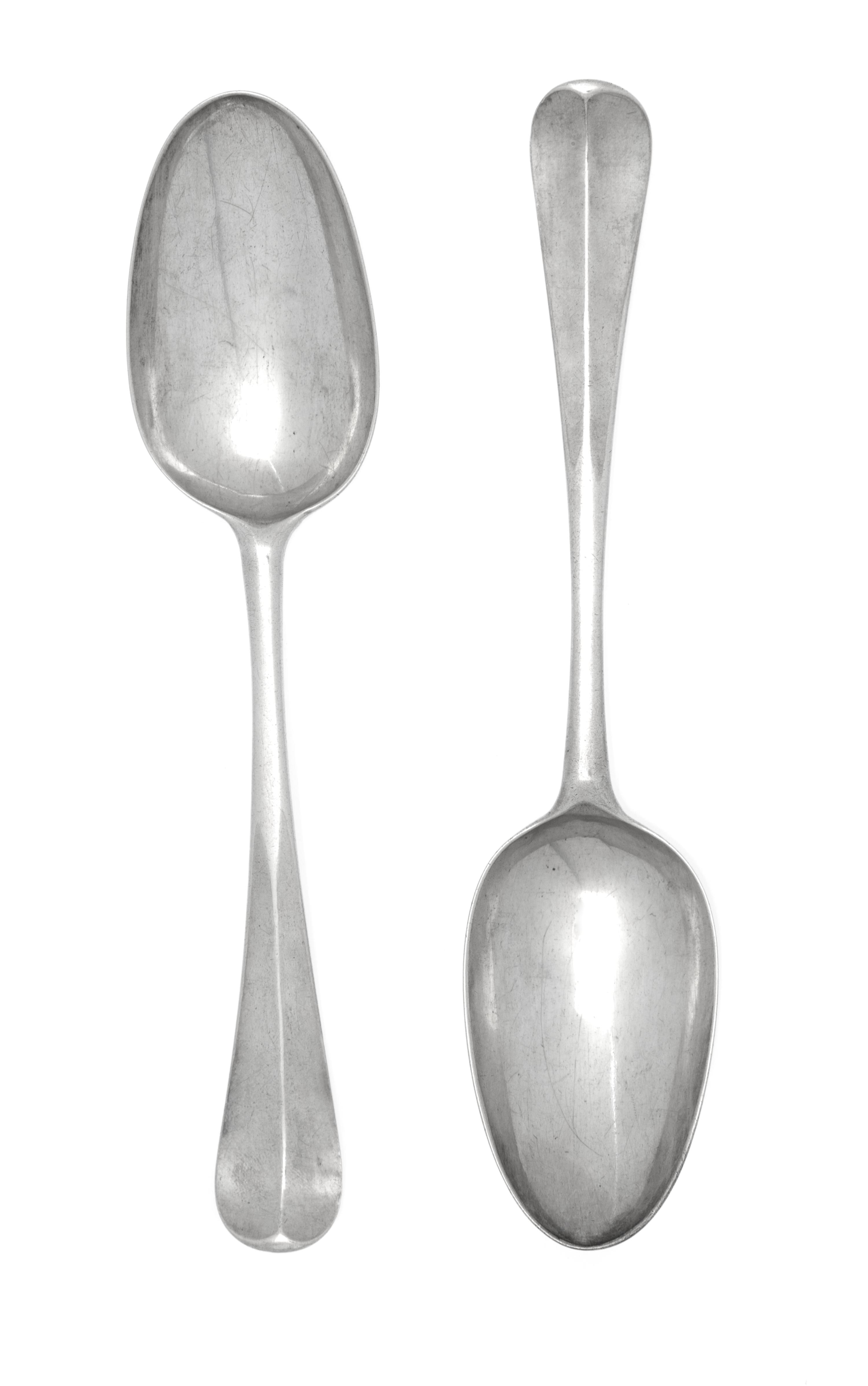 A Pair of George II Silver Table Spoons, Likely Dennis Wilks, London, 1739, the handle with an upturned end.