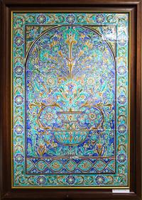 A Group of Middle Eastern Pottery Tiles Framed 40 3/4 x 29 inches.