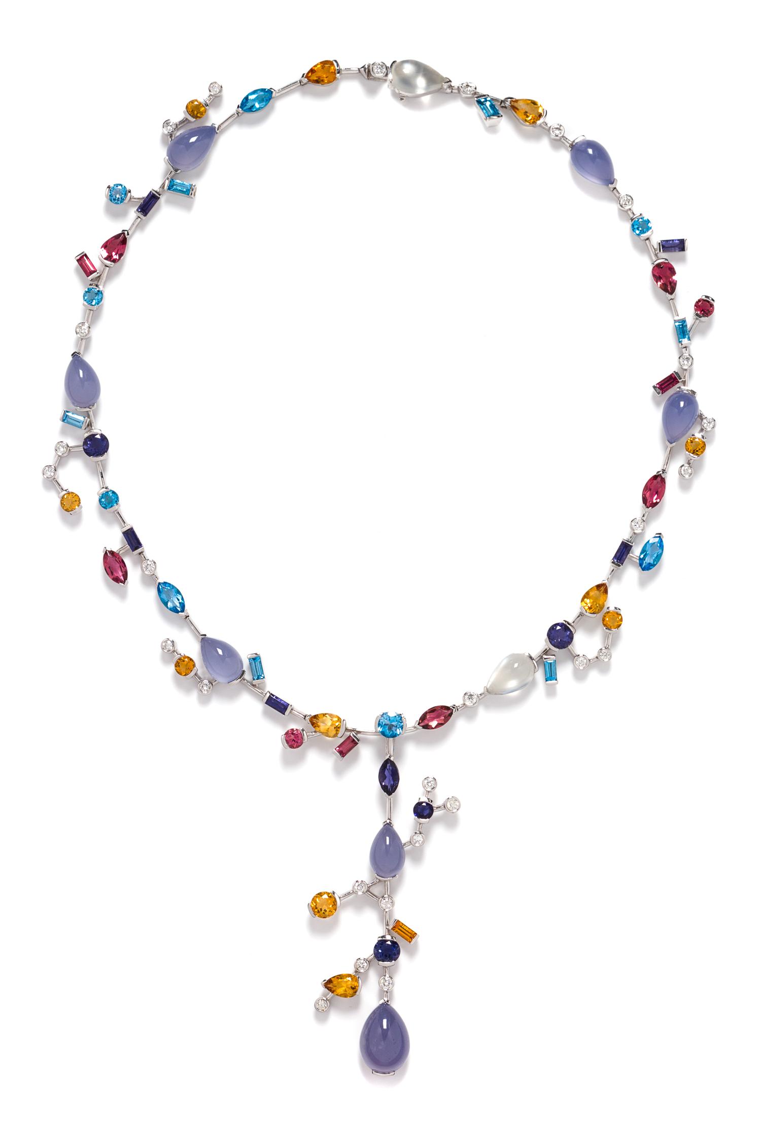 An 18 Karat White Gold and Multi Gemstone Necklace, 36.80 dwts.