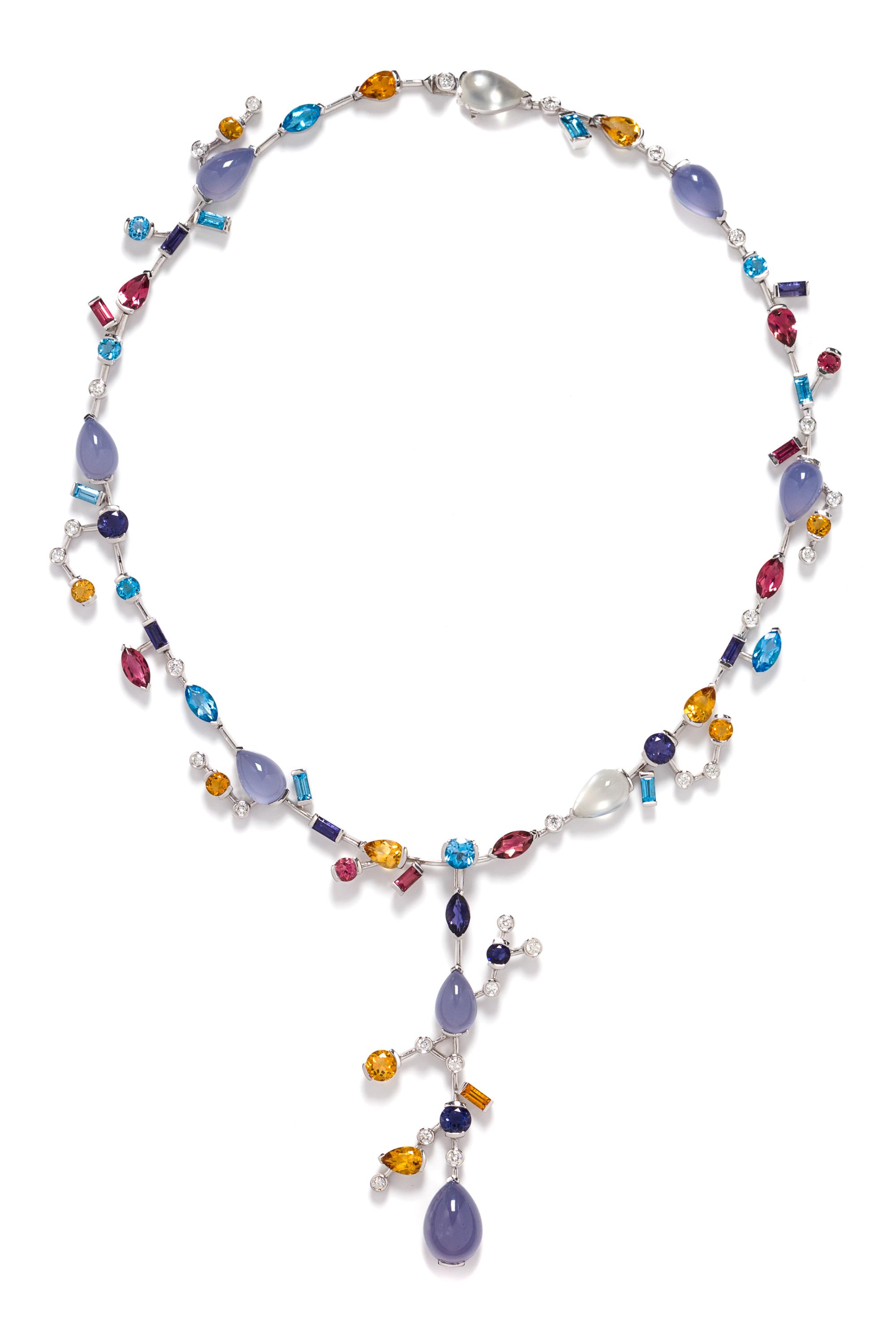 An 18 Karat White Gold and Multi Gemstone Necklace, 36.80 dwts.