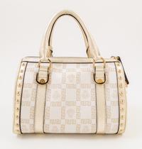 A Versace Metallic and Cream Monogram Handbag, 9.5" x 7" x 6"; Strap drop: 4".