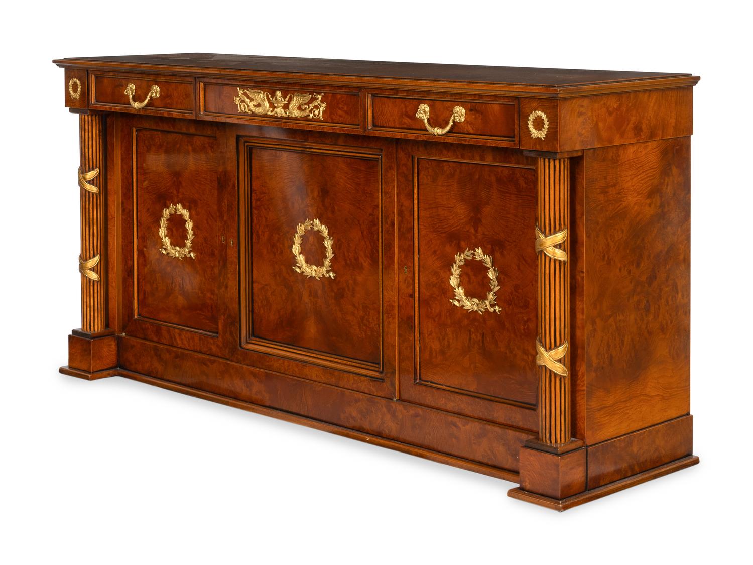 An Empire Style Bronze Mounted Parcel Gilt Burl Walnut Cabinet