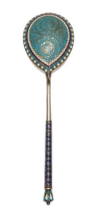 A Russian Silver-Gilt and Enamel Spoon, Mark of Ashmarin Mateevich, assay mark of Anatoly Artsybashev, Moscow, 1894, having an enamel f