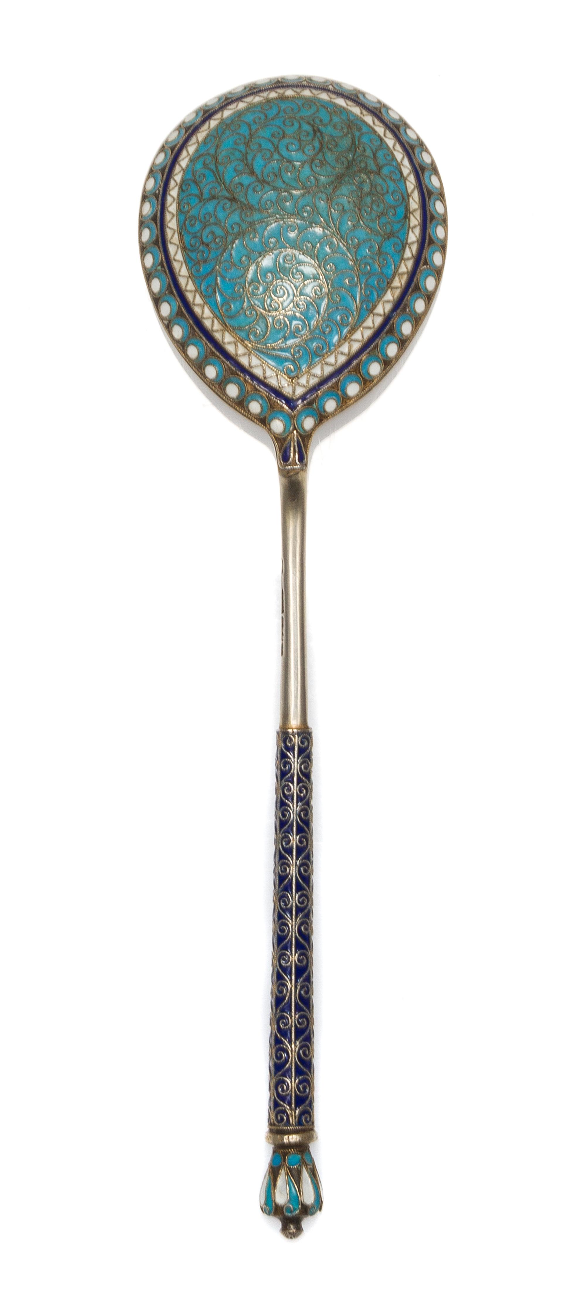 A Russian Silver-Gilt and Enamel Spoon, Mark of Ashmarin Mateevich, assay mark of Anatoly Artsybashev, Moscow, 1894, having an enamel f