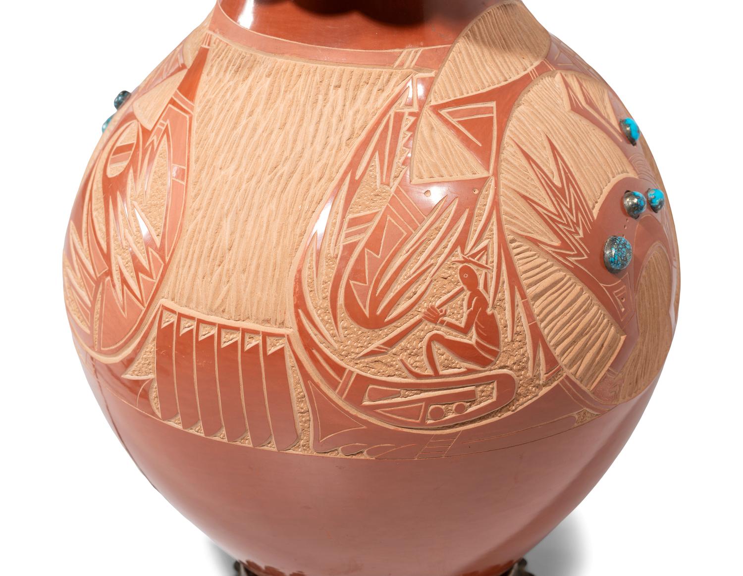 Sgraffito Lamp Base with Silver and Turquoise Concha