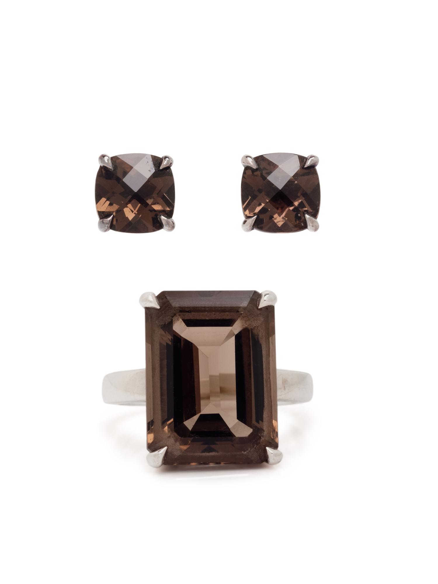 TIFFANY & CO., SMOKY QUARTZ RING AND EARRINGS