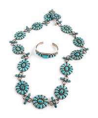 A Navajo Silver and Turquoise Link Concha Belt AND Cuff Bracelet