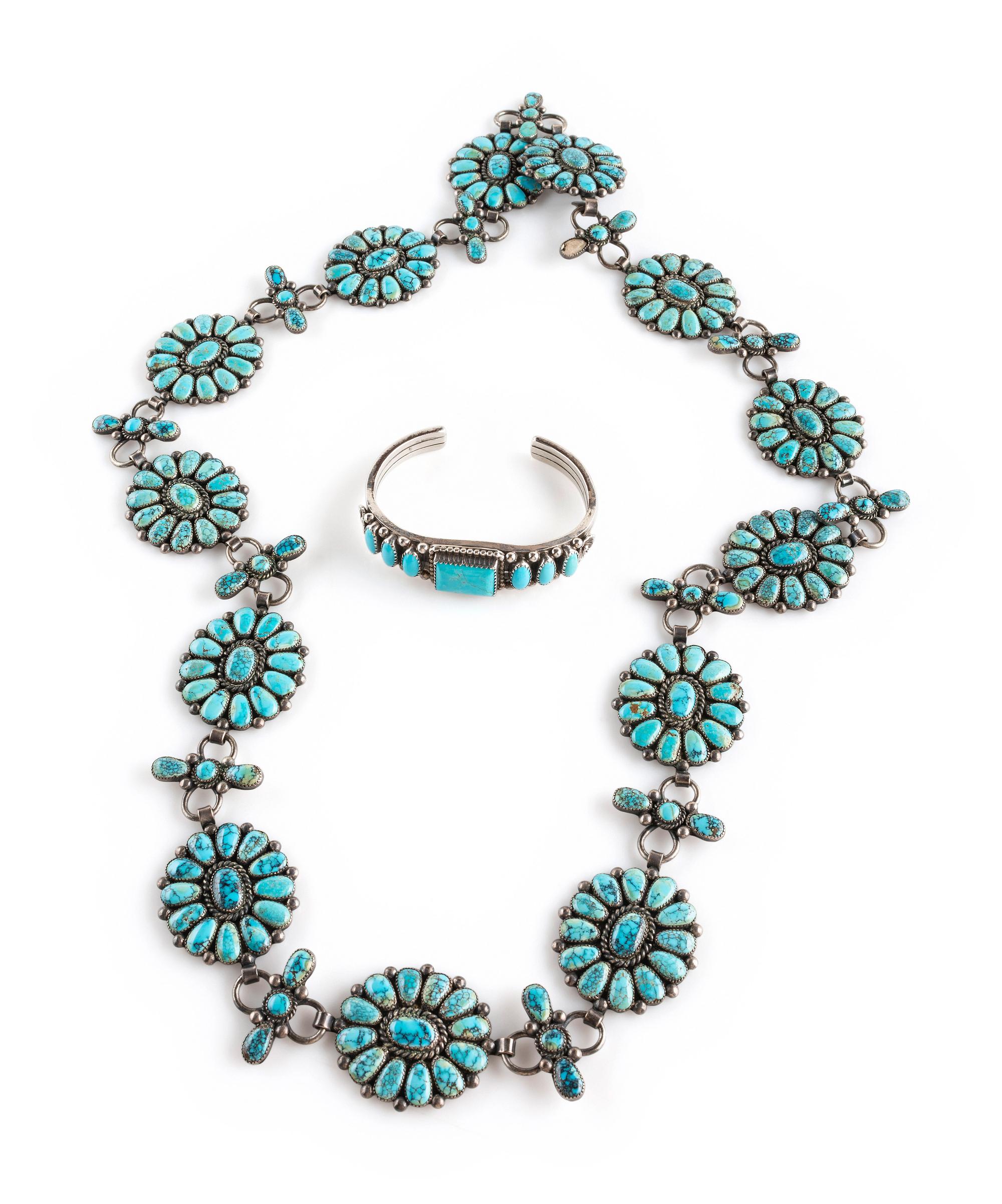 A Navajo Silver and Turquoise Link Concha Belt AND Cuff Bracelet