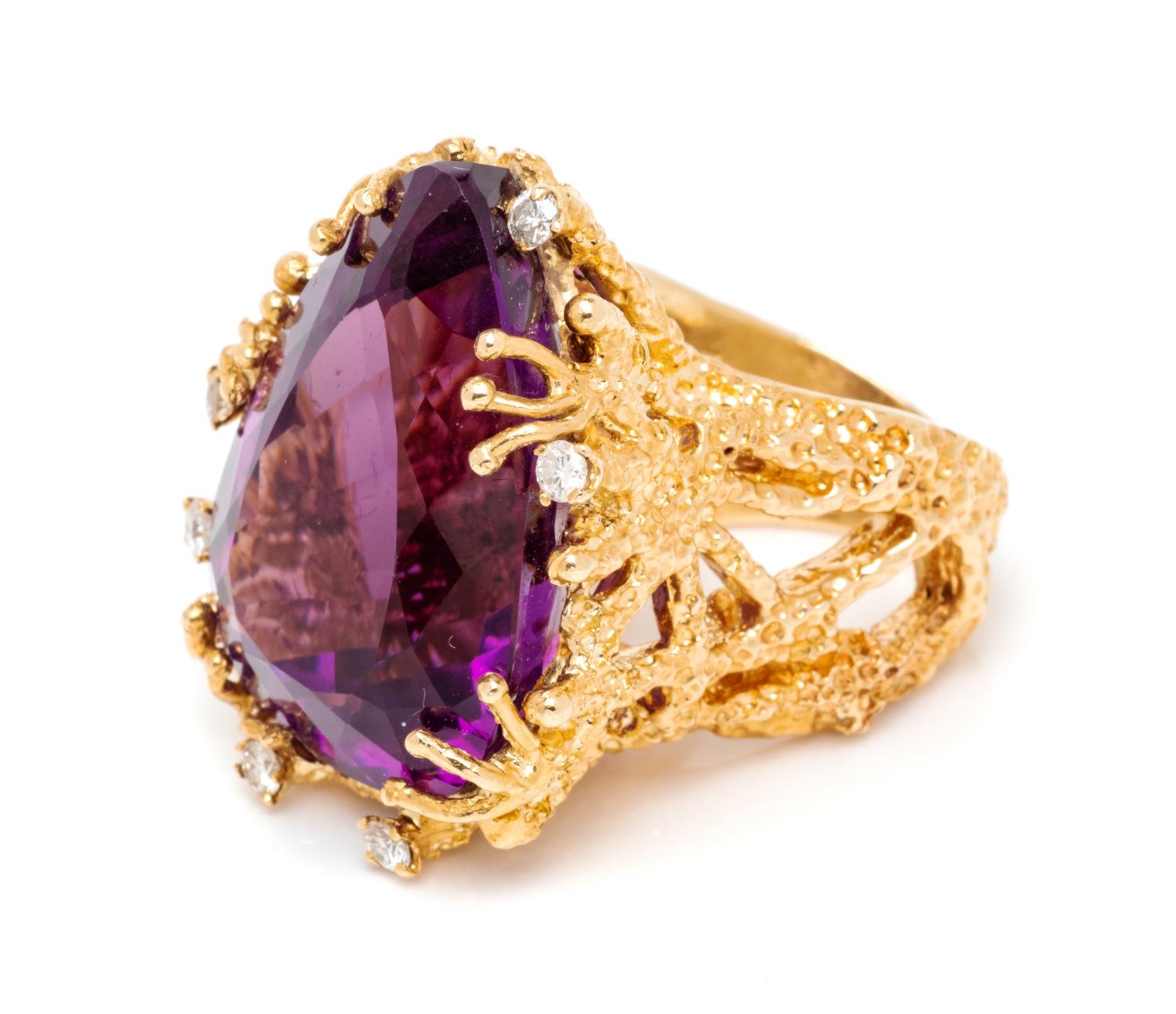 A Yellow Gold, Amethyst and Diamond Ring,