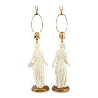 A Pair of White Painted Cast Metal Figures Mounted as Lamps