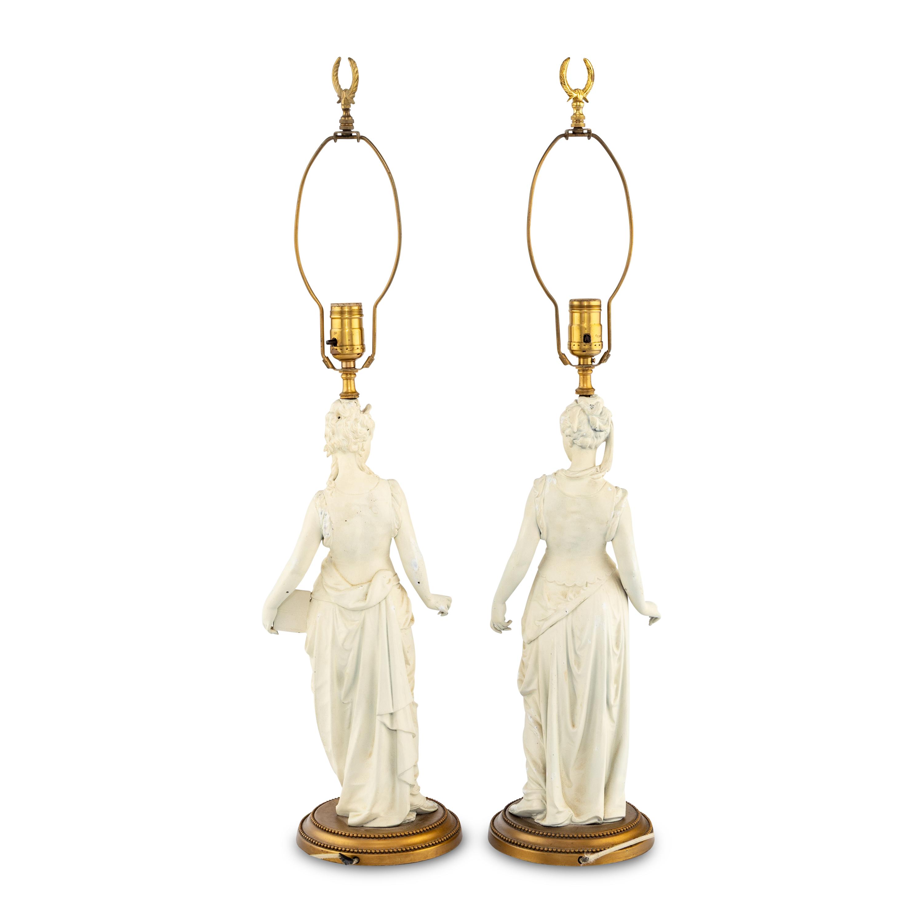 A Pair of White Painted Cast Metal Figures Mounted as Lamps