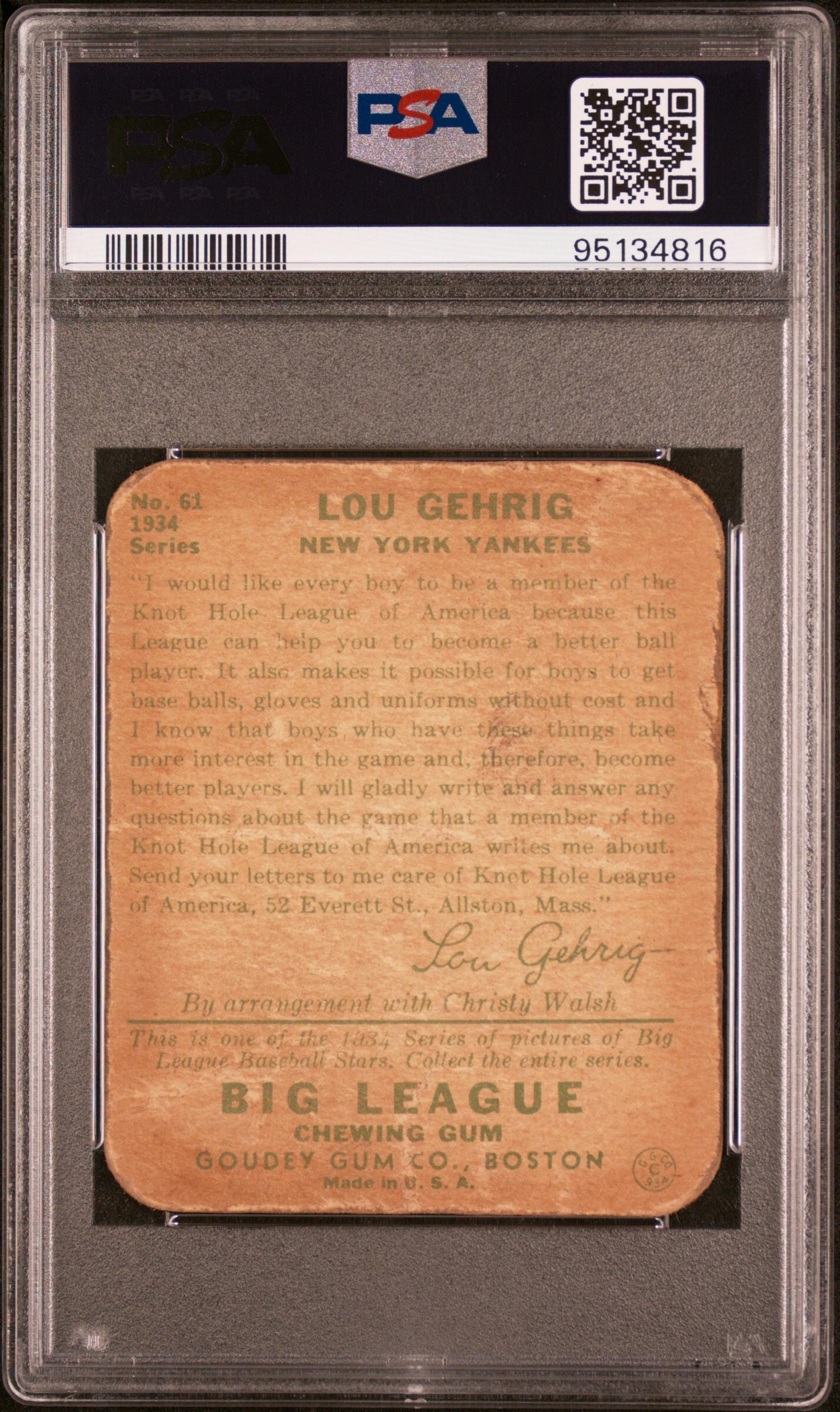A 1934 Goudey Lou Gehrig Baseball Card No. 61 (PSA 1)