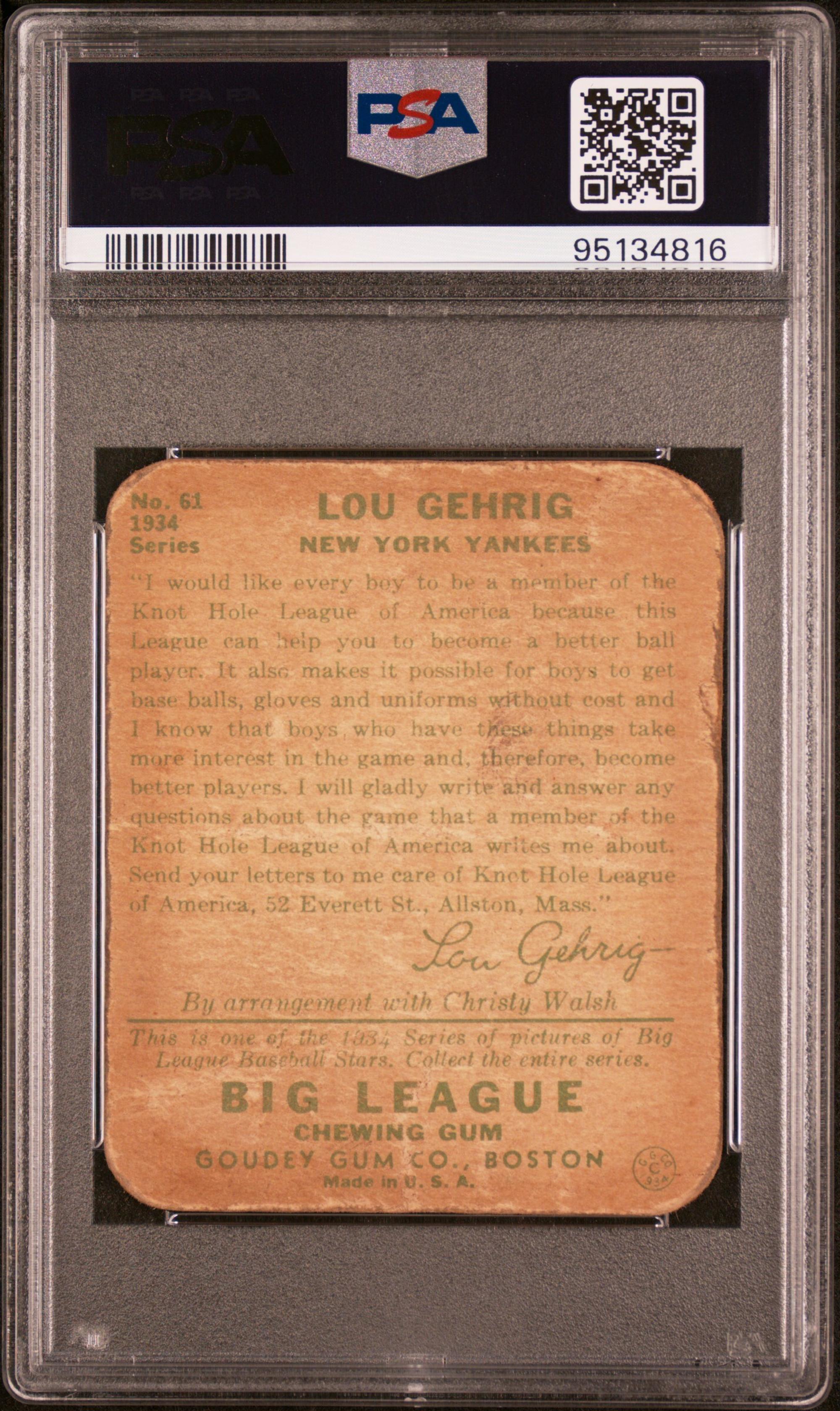 A 1934 Goudey Lou Gehrig Baseball Card No. 61 (PSA 1)