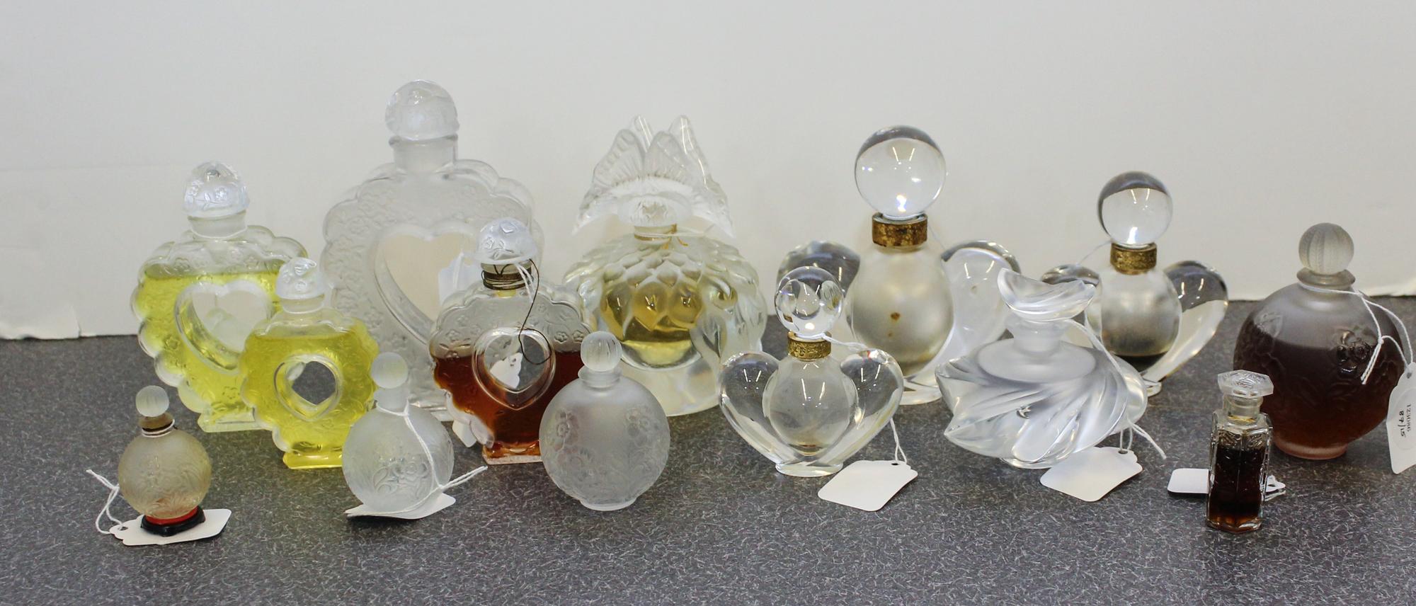 A Collection of Fifteen French Glass Perfume Bottles. Height of tallest 5 1/2 inches.