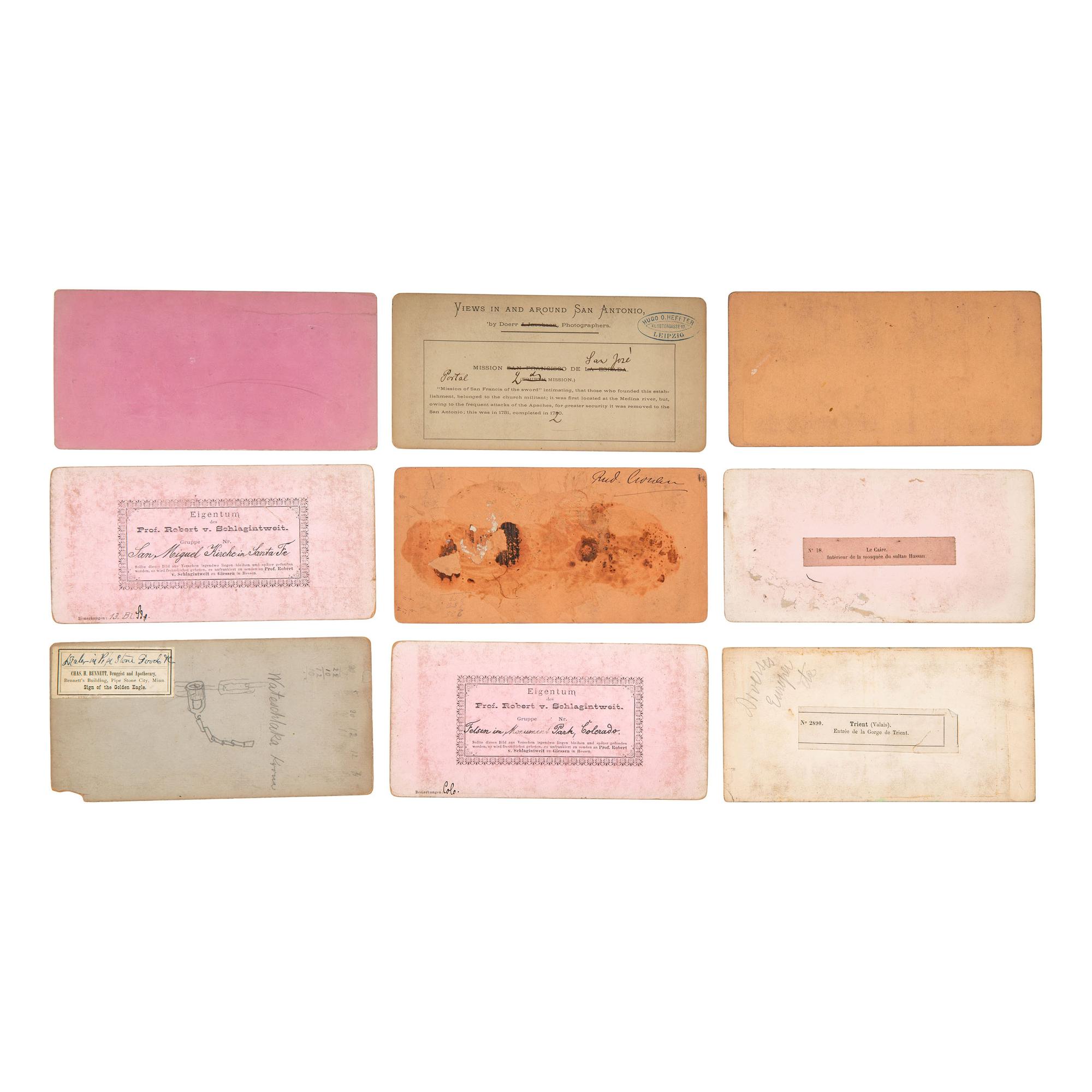 [EARLY PHOTOGRAPHY] -- [CRONAU, Rudolf]. A group of 34 assorted stereoviews featuring landscapes and manmade structures around the world, with a concentration on the American west, collected by artist Rudolf Cronau.