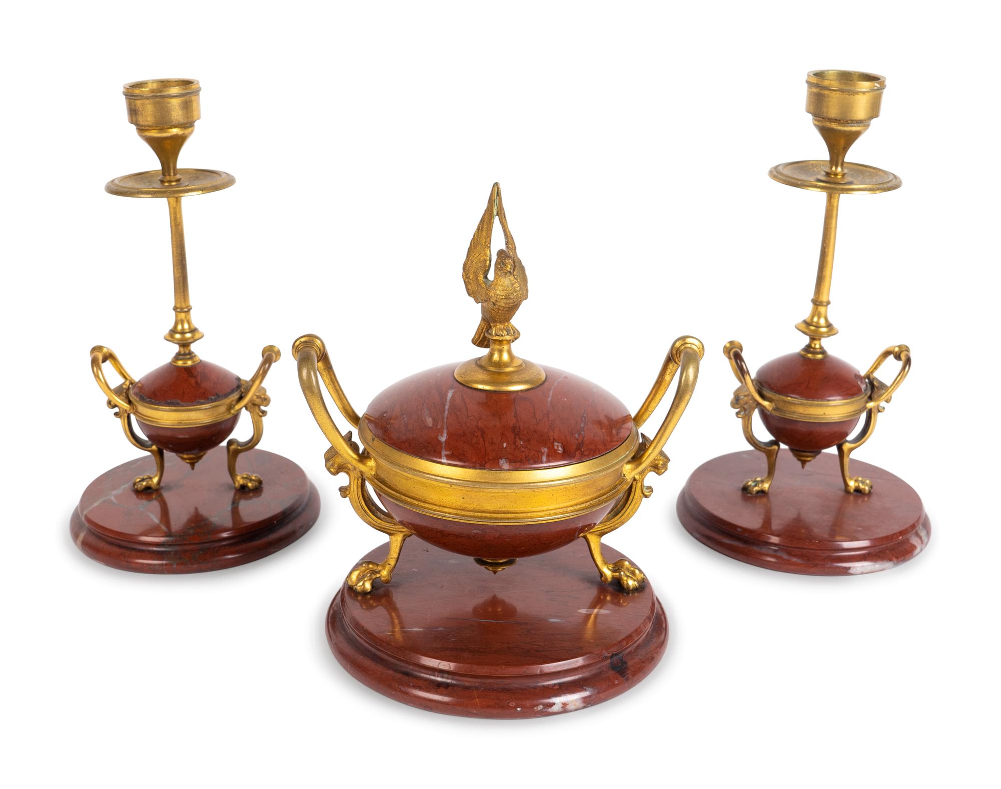 A Napoleon III Gilt Bronze and Rouge Marble Three-Piece Desk Set — 19TH CENTURY