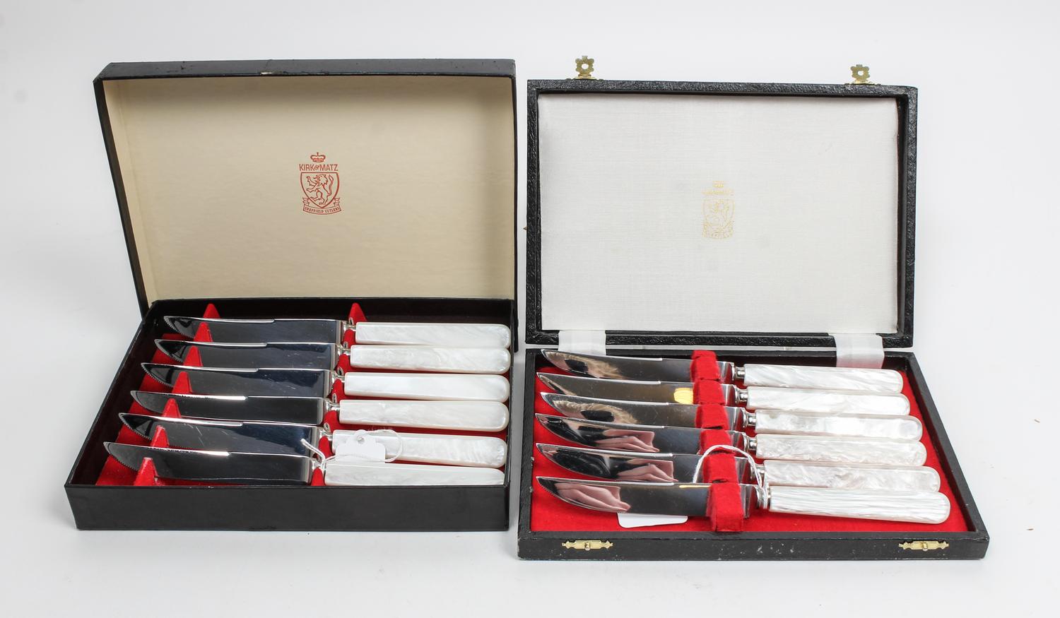 A Set of Twelve English Steak Knives, Kirk & Matz, Sheffield, having steel blades and simulated mother-of-pearl handles.